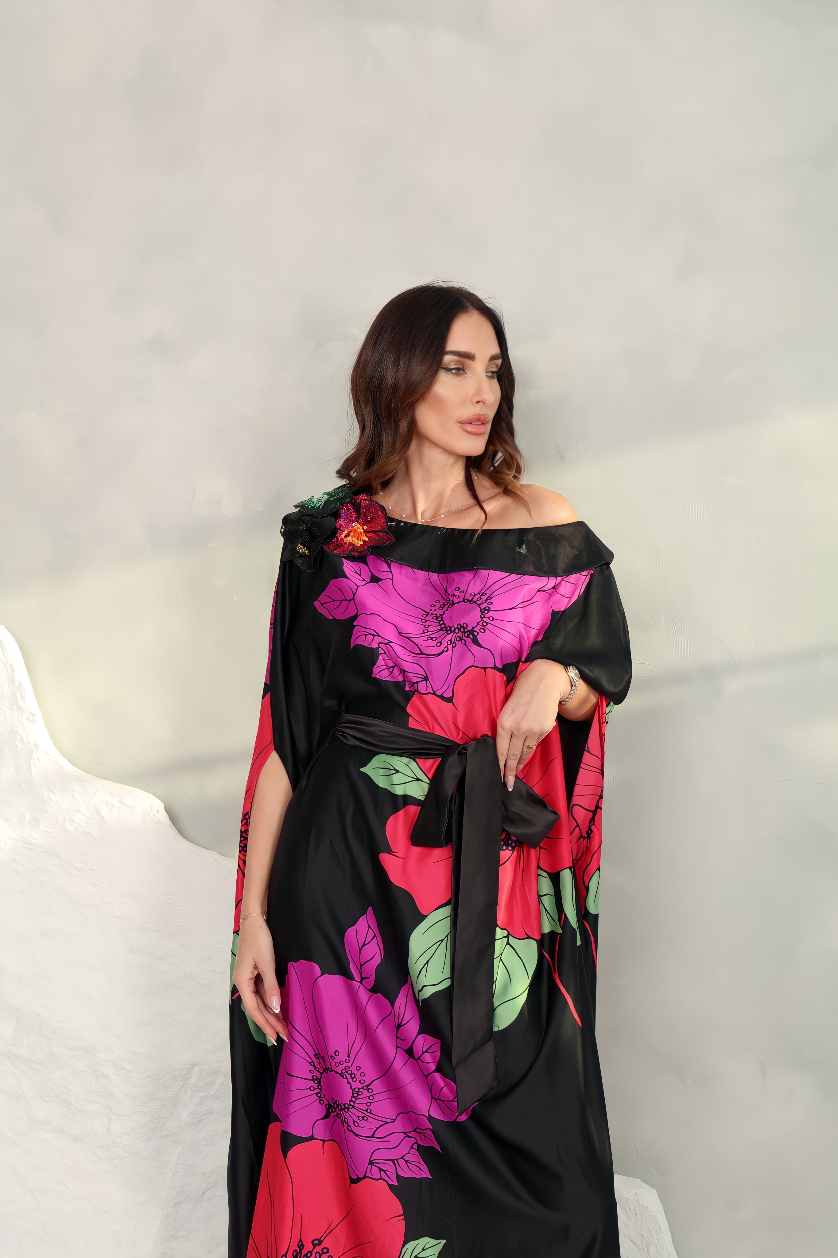 Black Crepe Satin Kaftan
