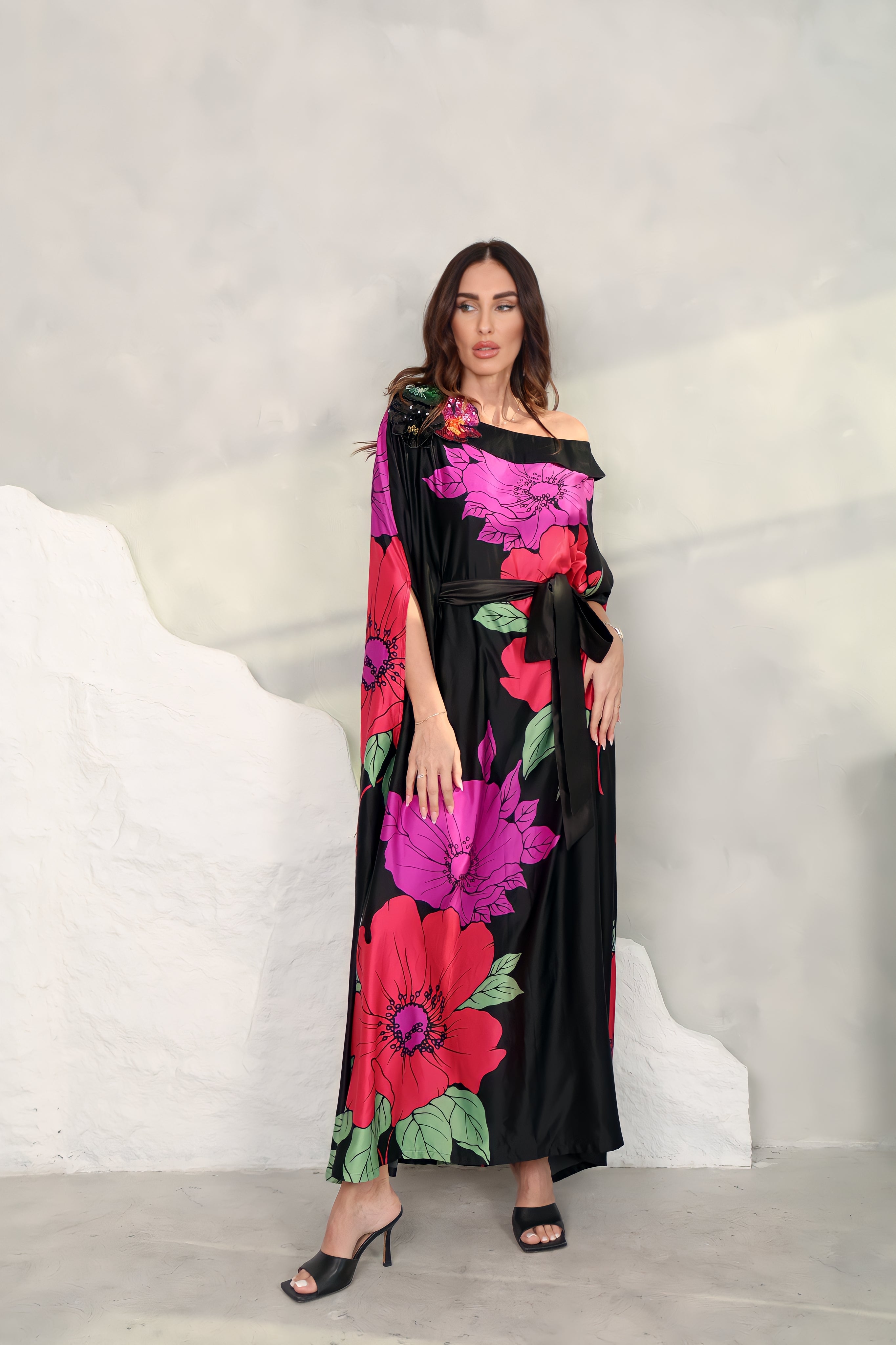 Black Crepe Satin Kaftan