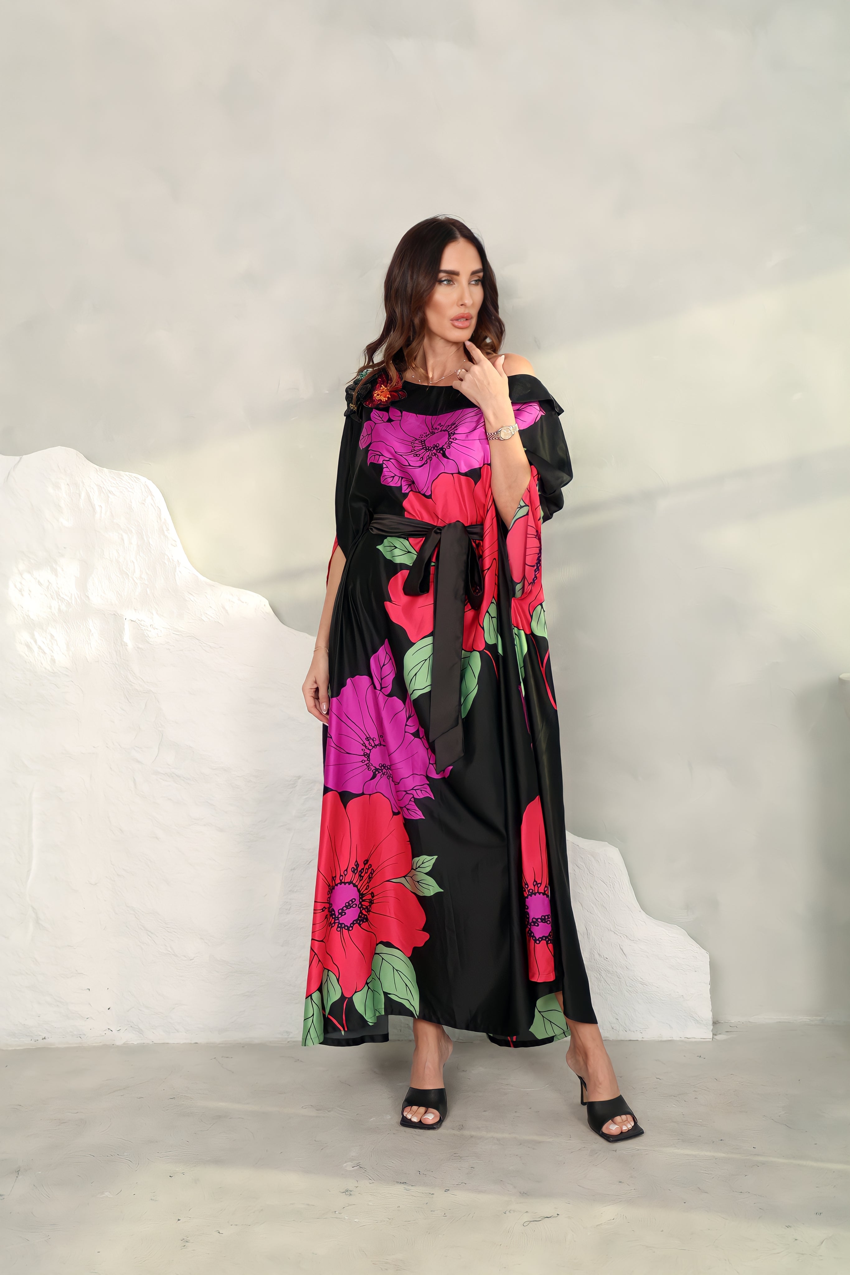 Black Crepe Satin Kaftan