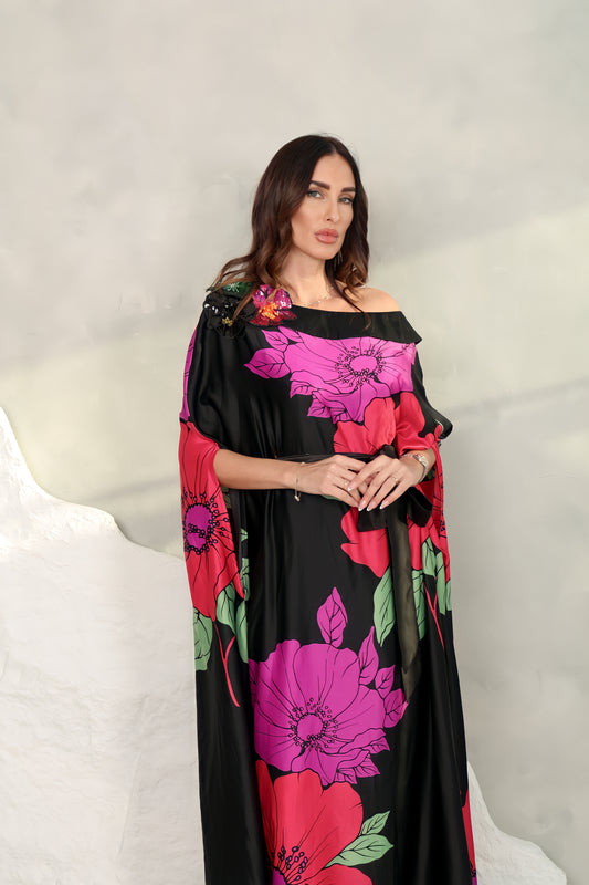 Black Crepe Satin Kaftan