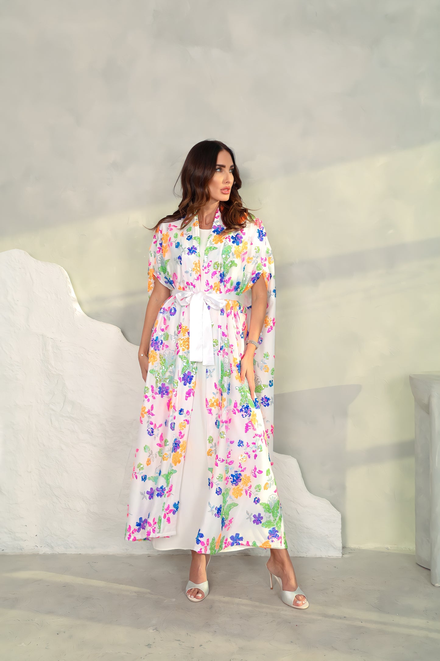 White tulle sequence embroidery Abaya