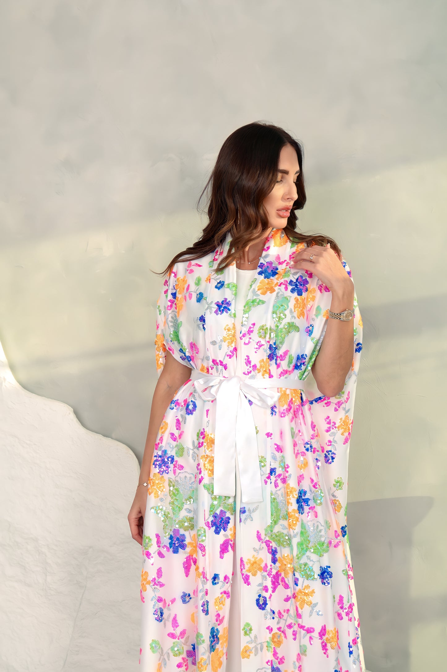 White tulle sequence embroidery Abaya
