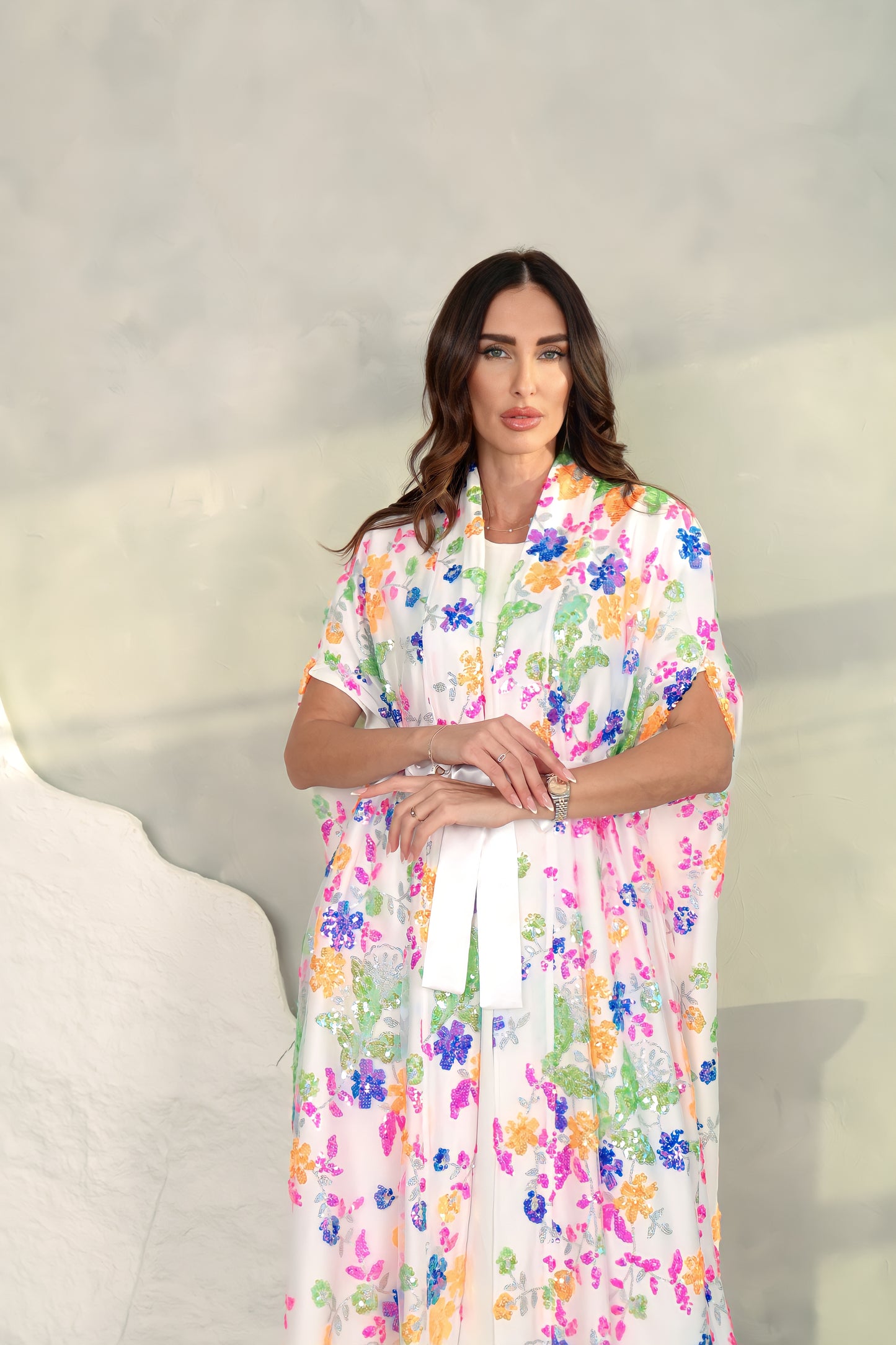 White tulle sequence embroidery Abaya