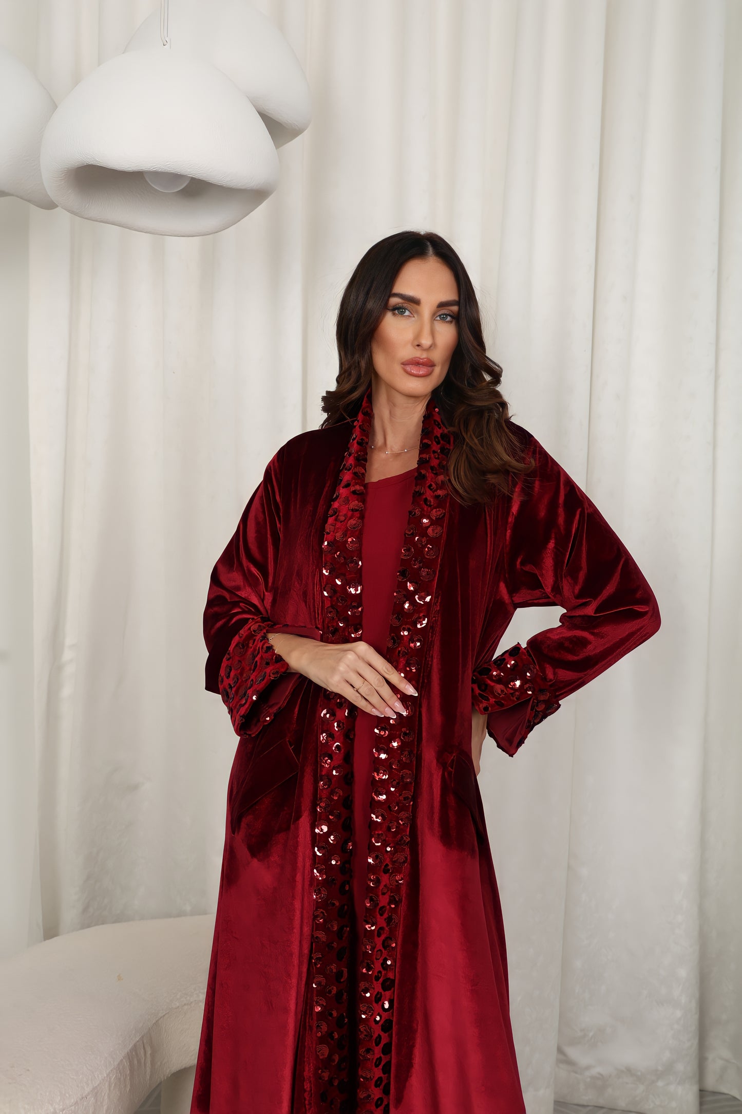 Burgundy velvet Abaya with flowers sequence embroidery