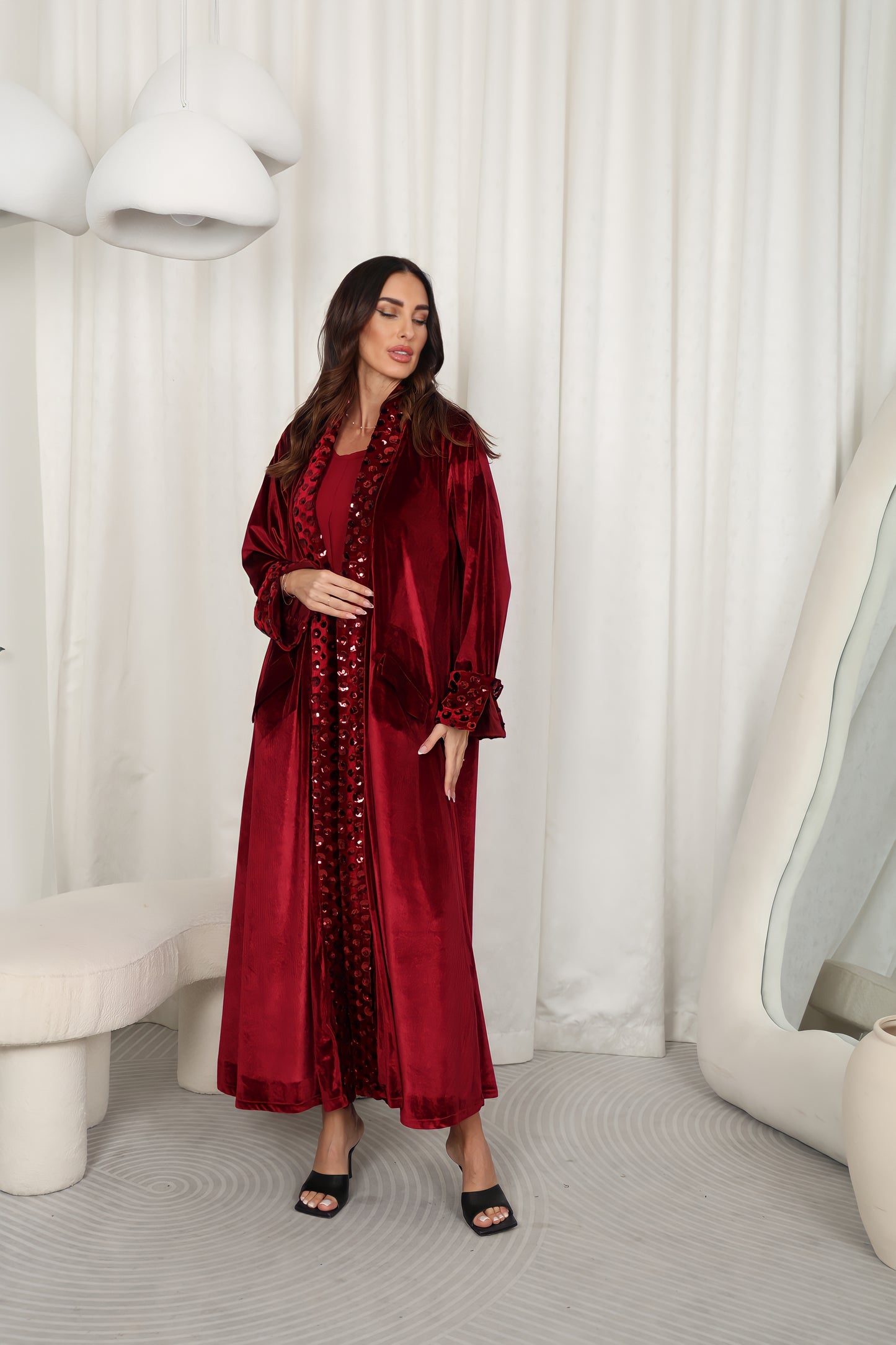 Burgundy velvet Abaya with flowers sequence embroidery