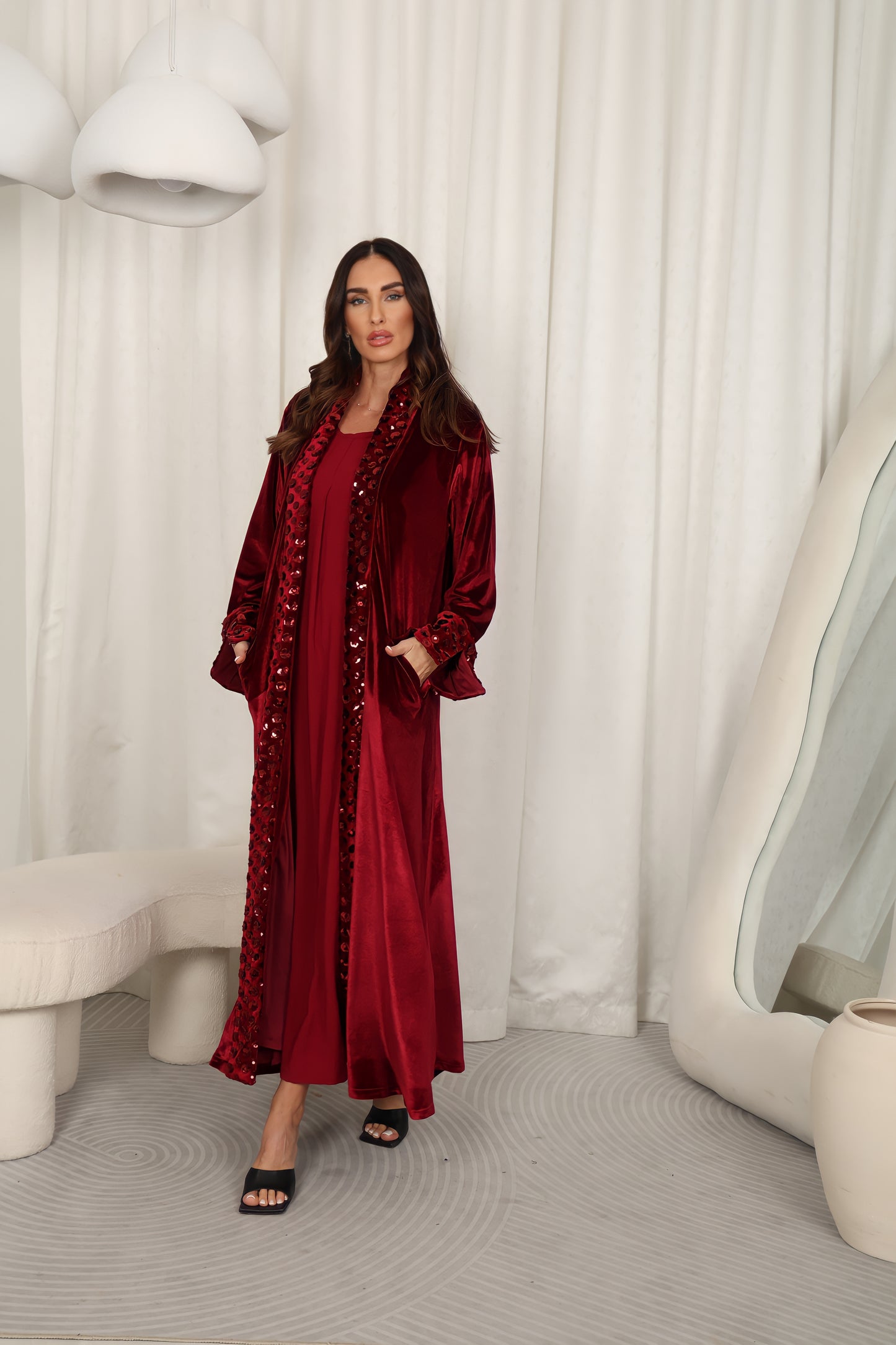 Burgundy velvet Abaya with flowers sequence embroidery