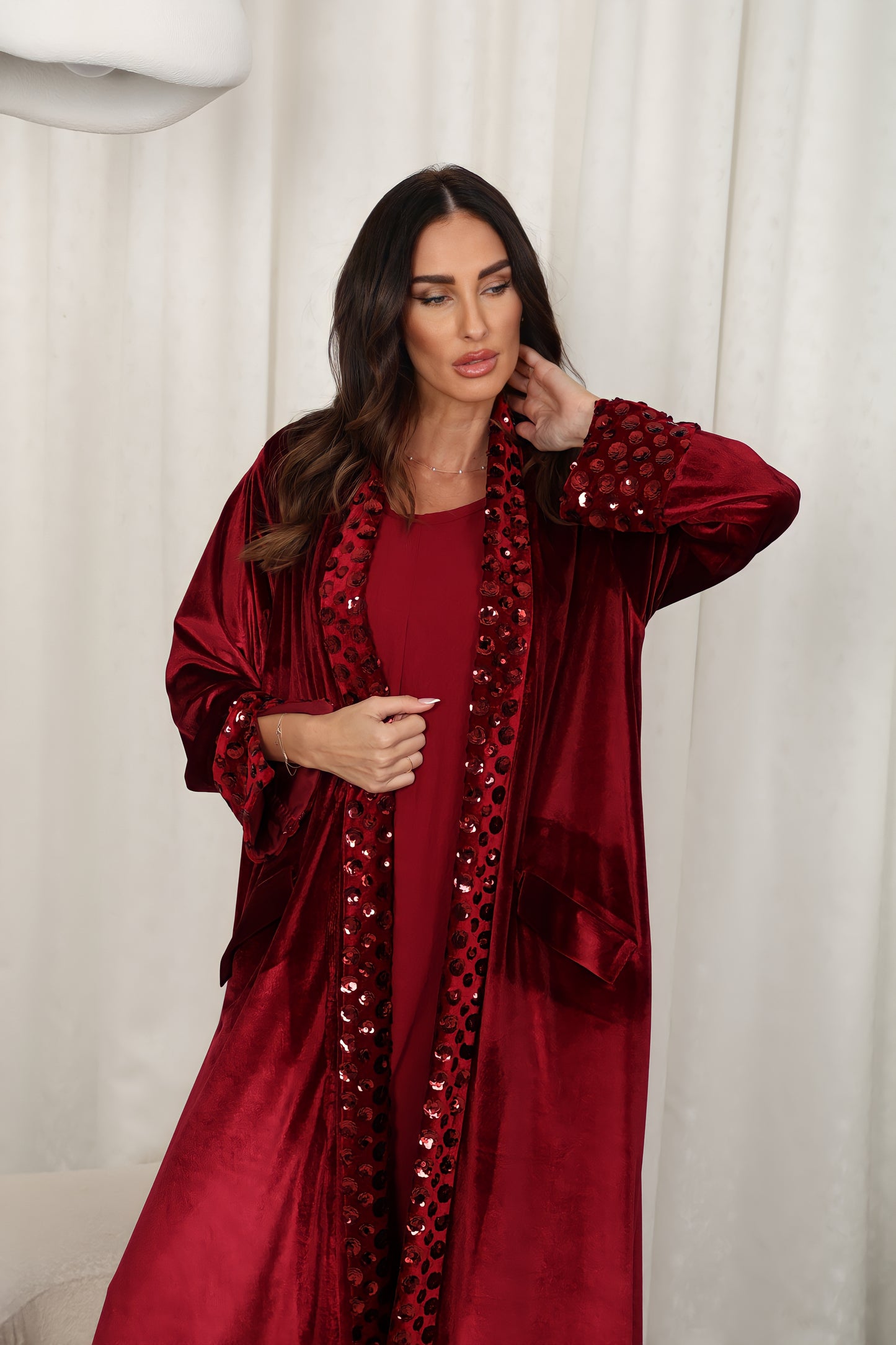 Burgundy velvet Abaya with flowers sequence embroidery