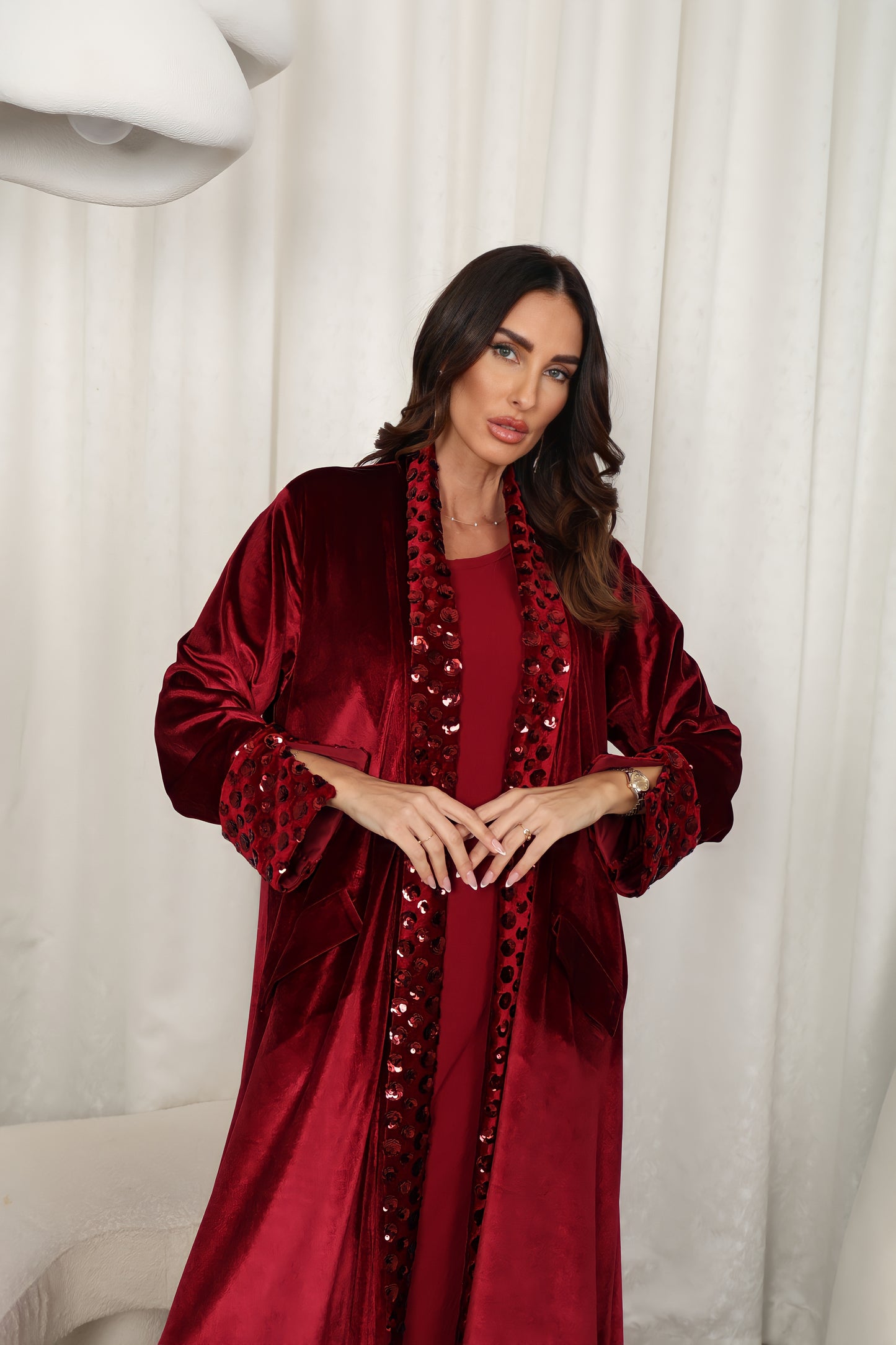 Burgundy velvet Abaya with flowers sequence embroidery
