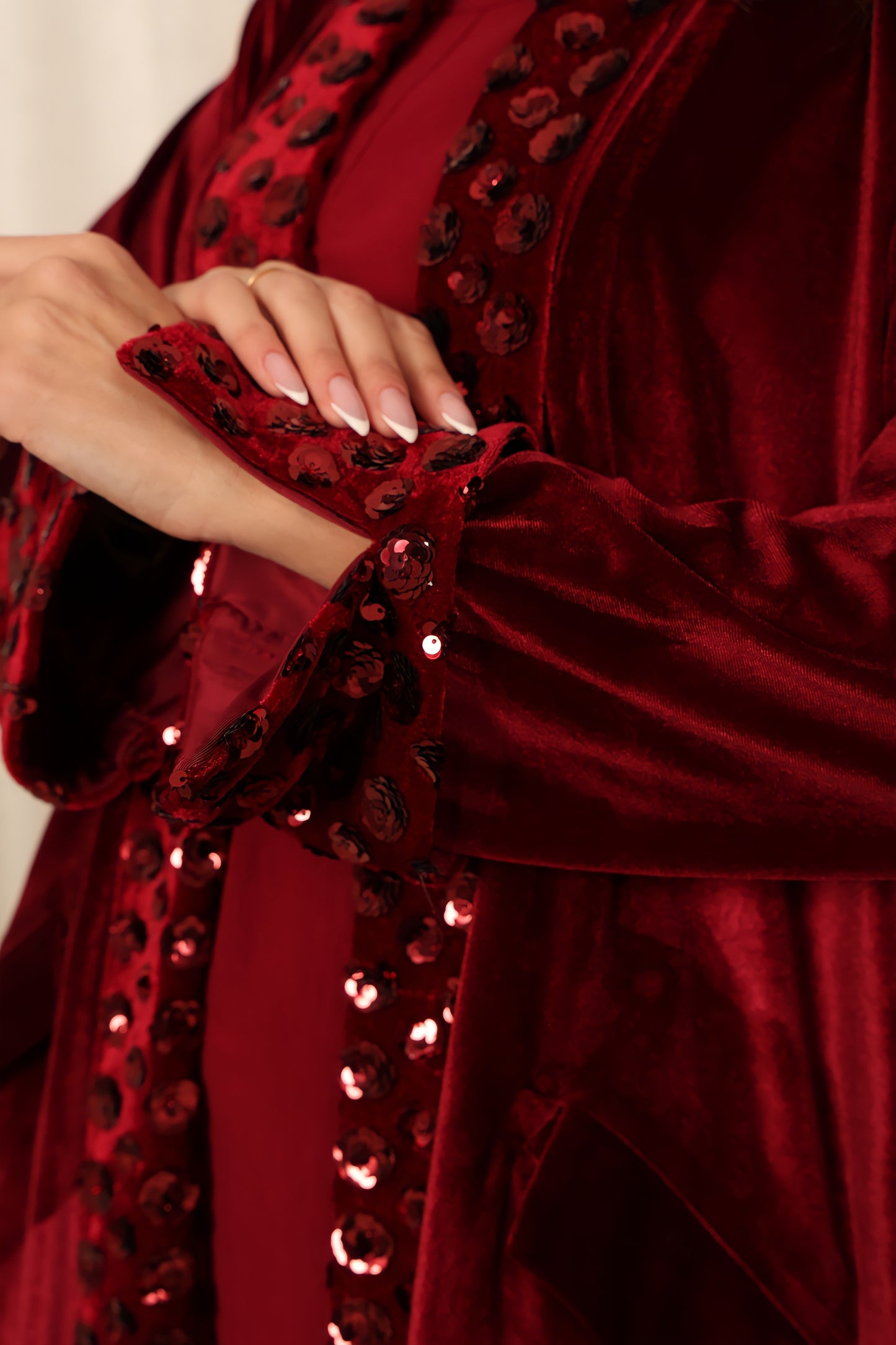 Burgundy velvet Abaya with flowers sequence embroidery