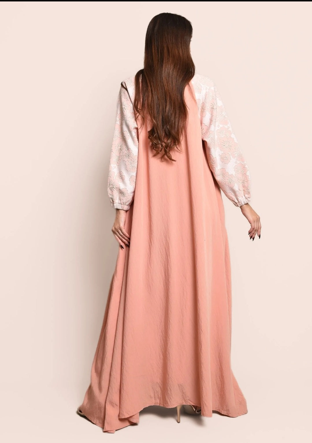 Peach Jacquard Crepe Abaya With Dress