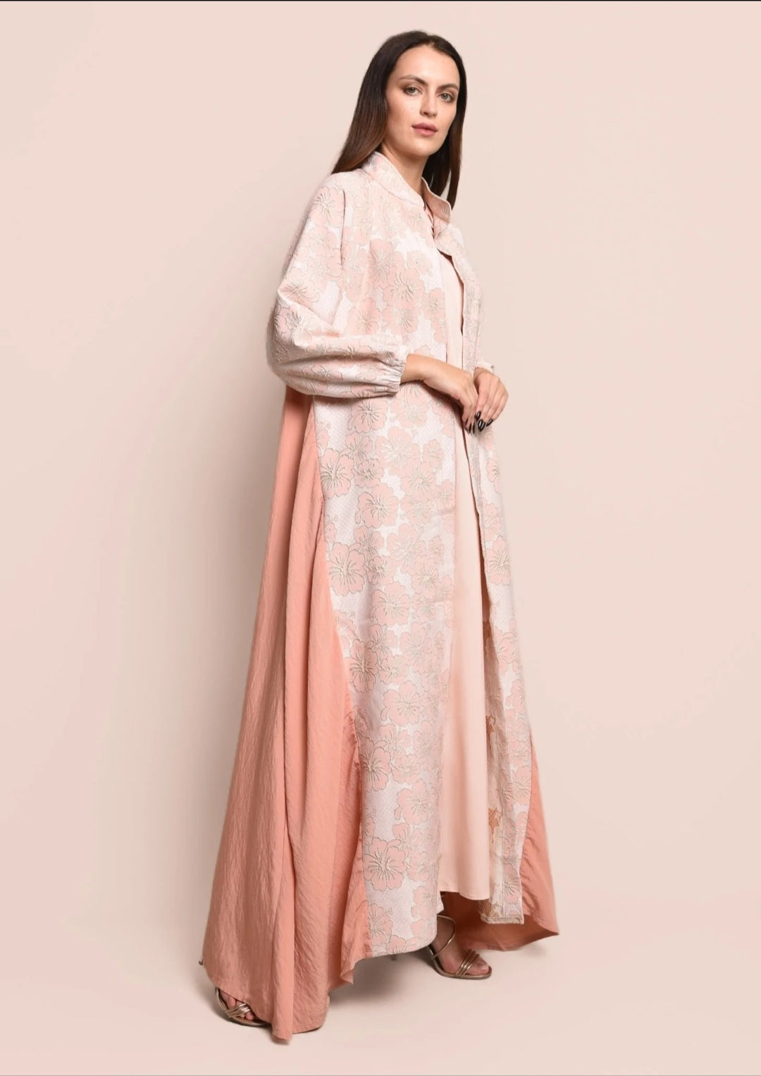 Peach Jacquard Crepe Abaya With Dress
