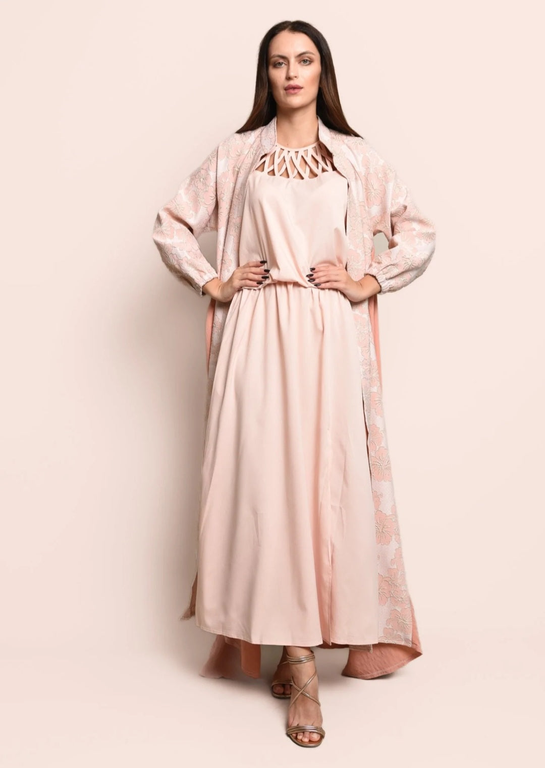 Peach Jacquard Crepe Abaya With Dress