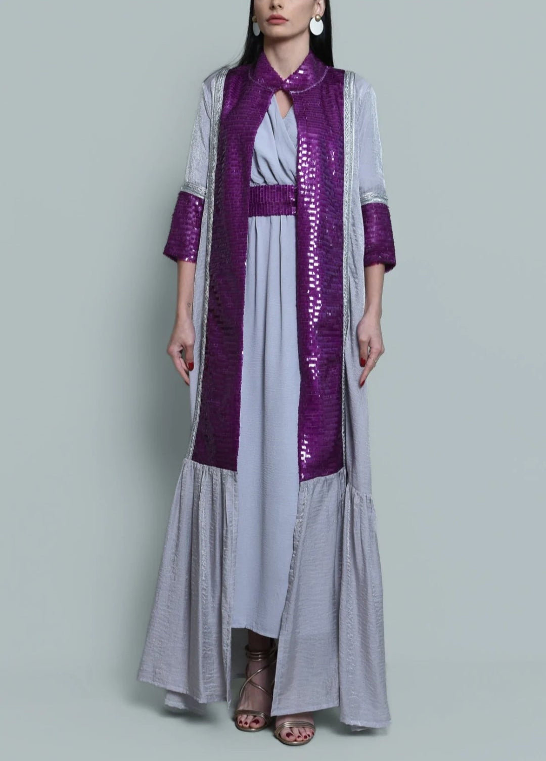 Grey Kaftan With Purple Sequence Embroidery
