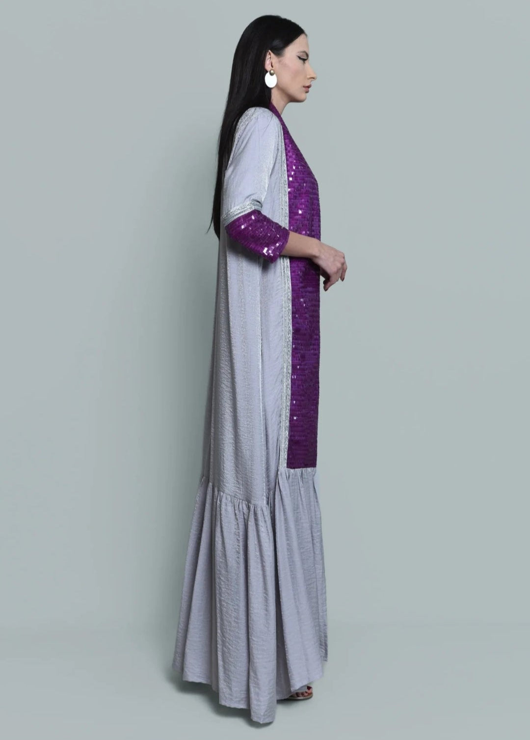 Grey Kaftan With Purple Sequence Embroidery
