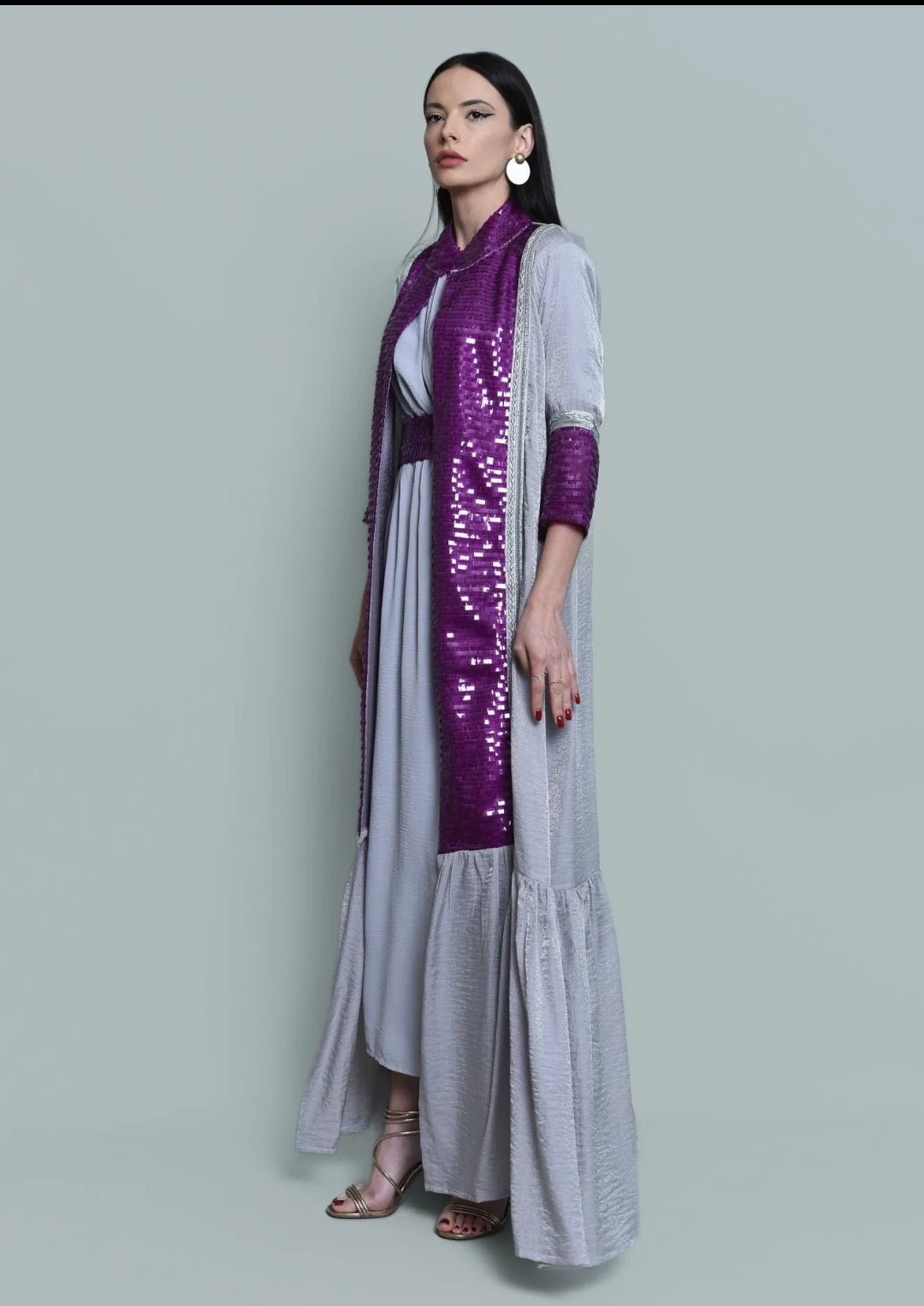 Grey Kaftan With Purple Sequence Embroidery