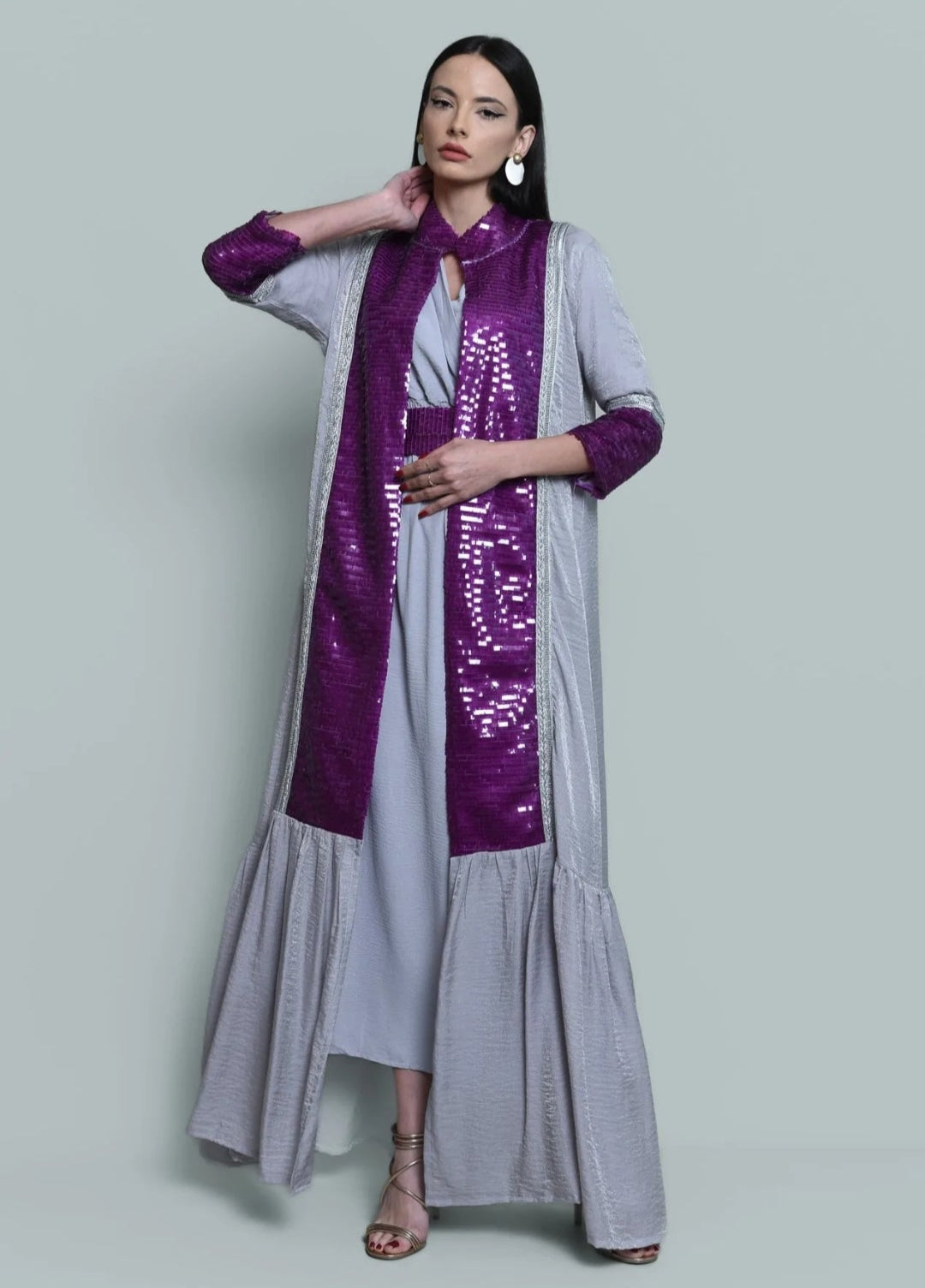 Grey Kaftan With Purple Sequence Embroidery