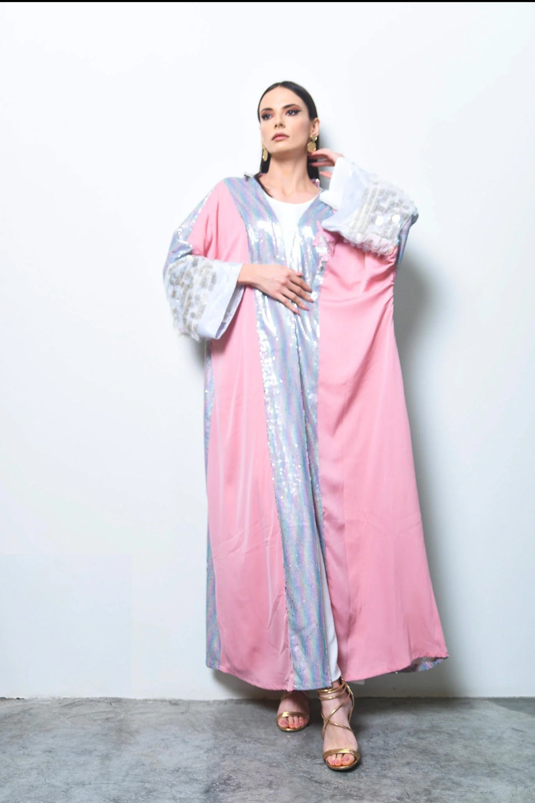 Pink Sequin Crepe Satin Abaya