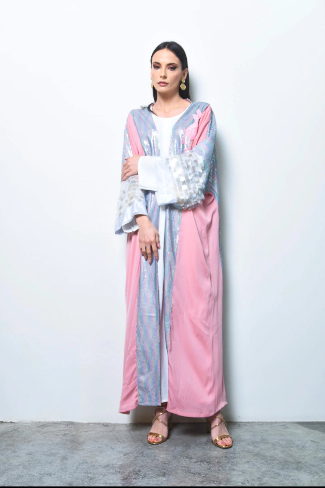 Pink Sequin Crepe Satin Abaya