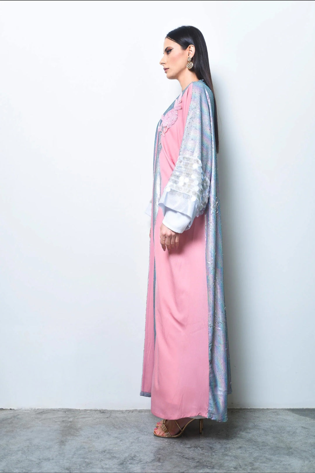 Pink Crepe And Multicolor Sequence Abaya