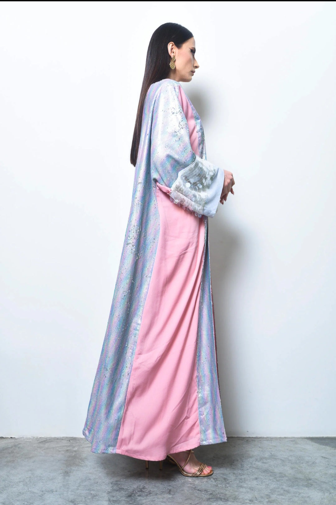 Pink Crepe And Multicolor Sequence Abaya