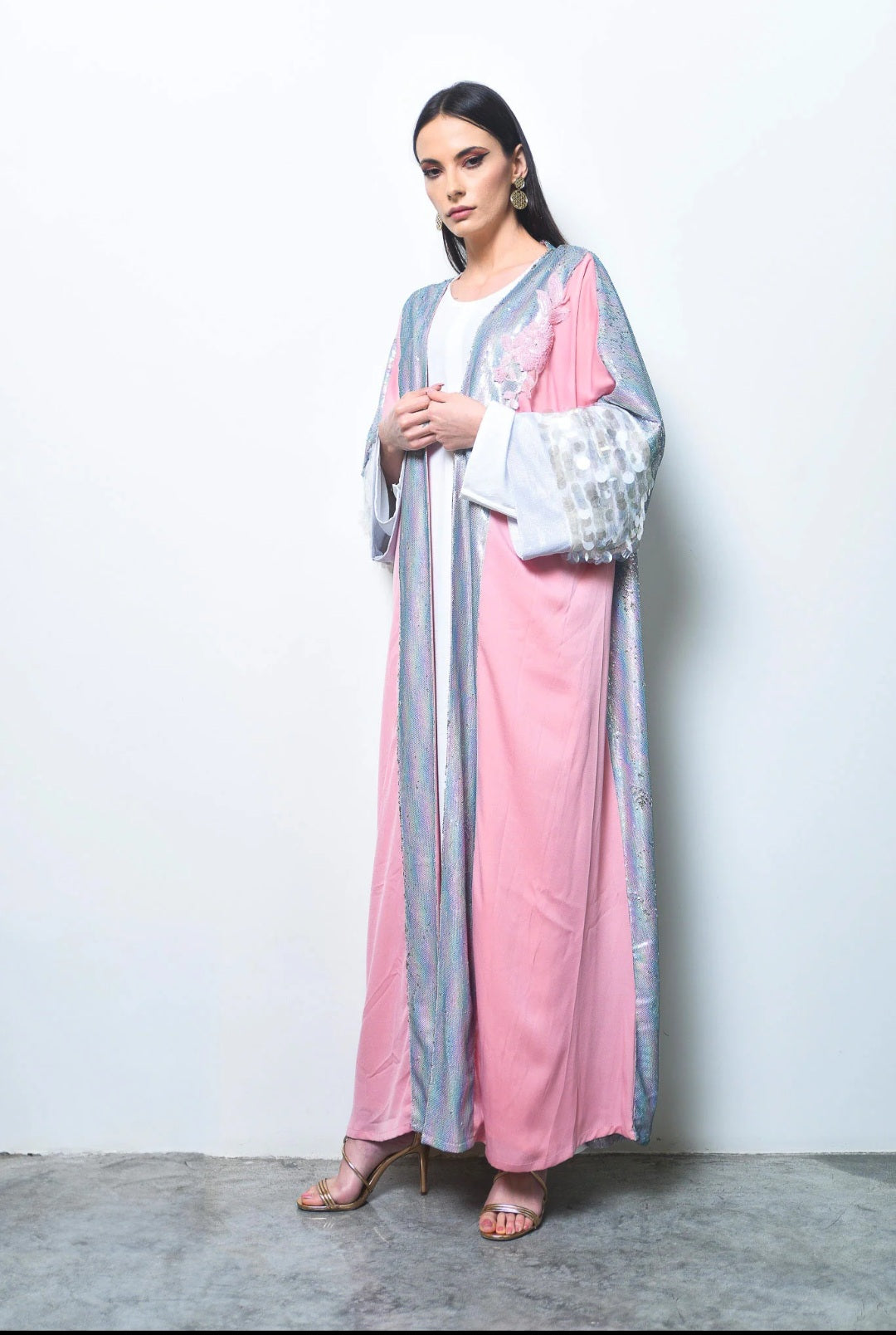 Pink Sequin Crepe Satin Abaya