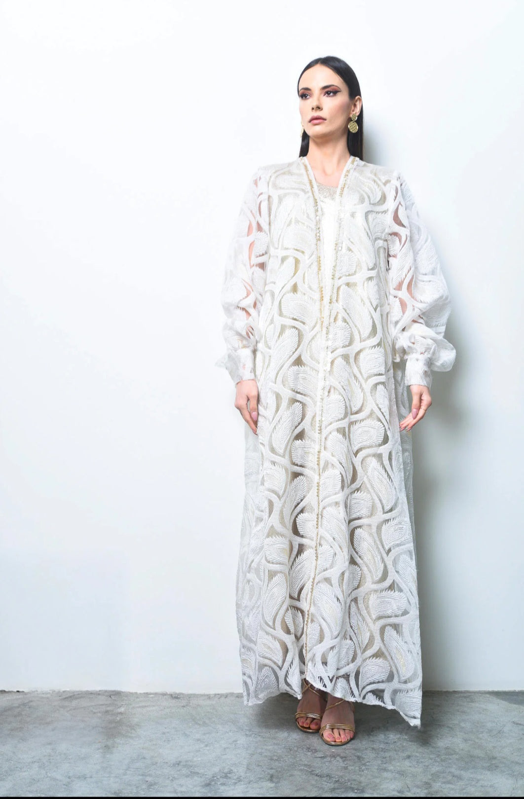Off White Belted Organza Kaftan