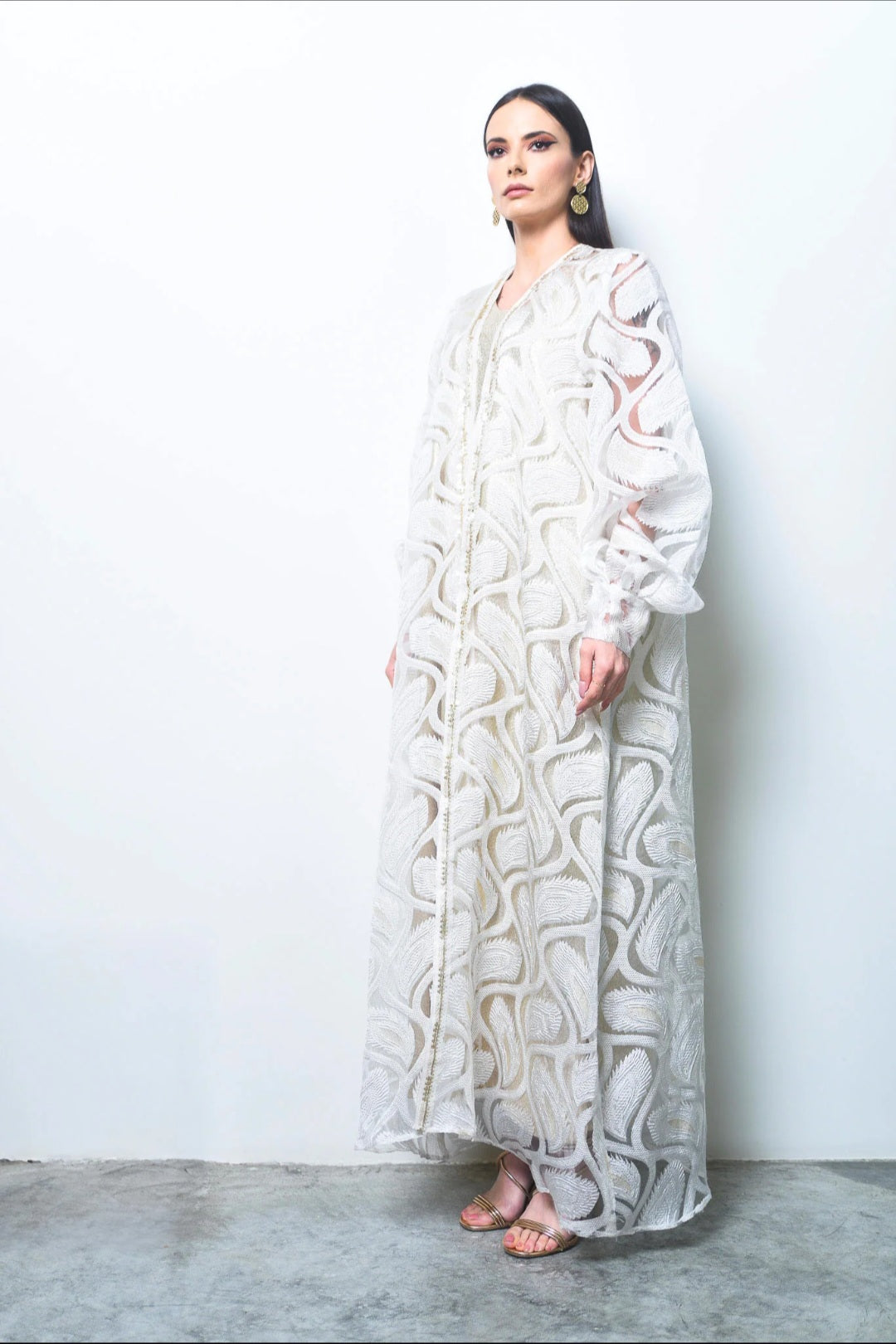 Off White Belted Organza Kaftan