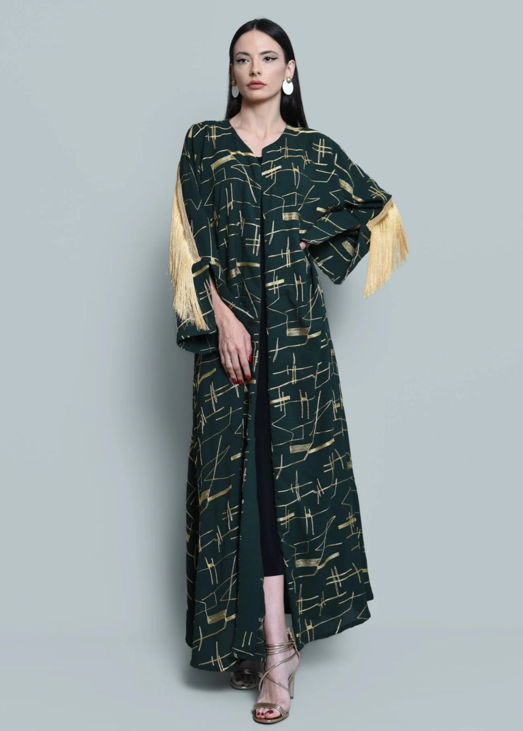 Dark Green Crepe Kaftan with Tassels