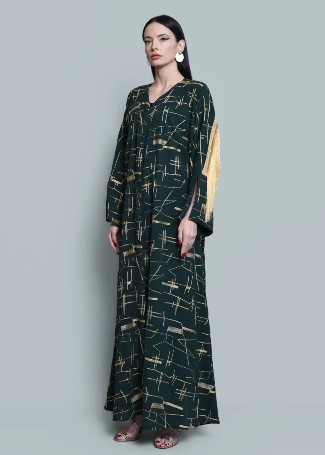 Dark Green Crepe Kaftan with Tassels