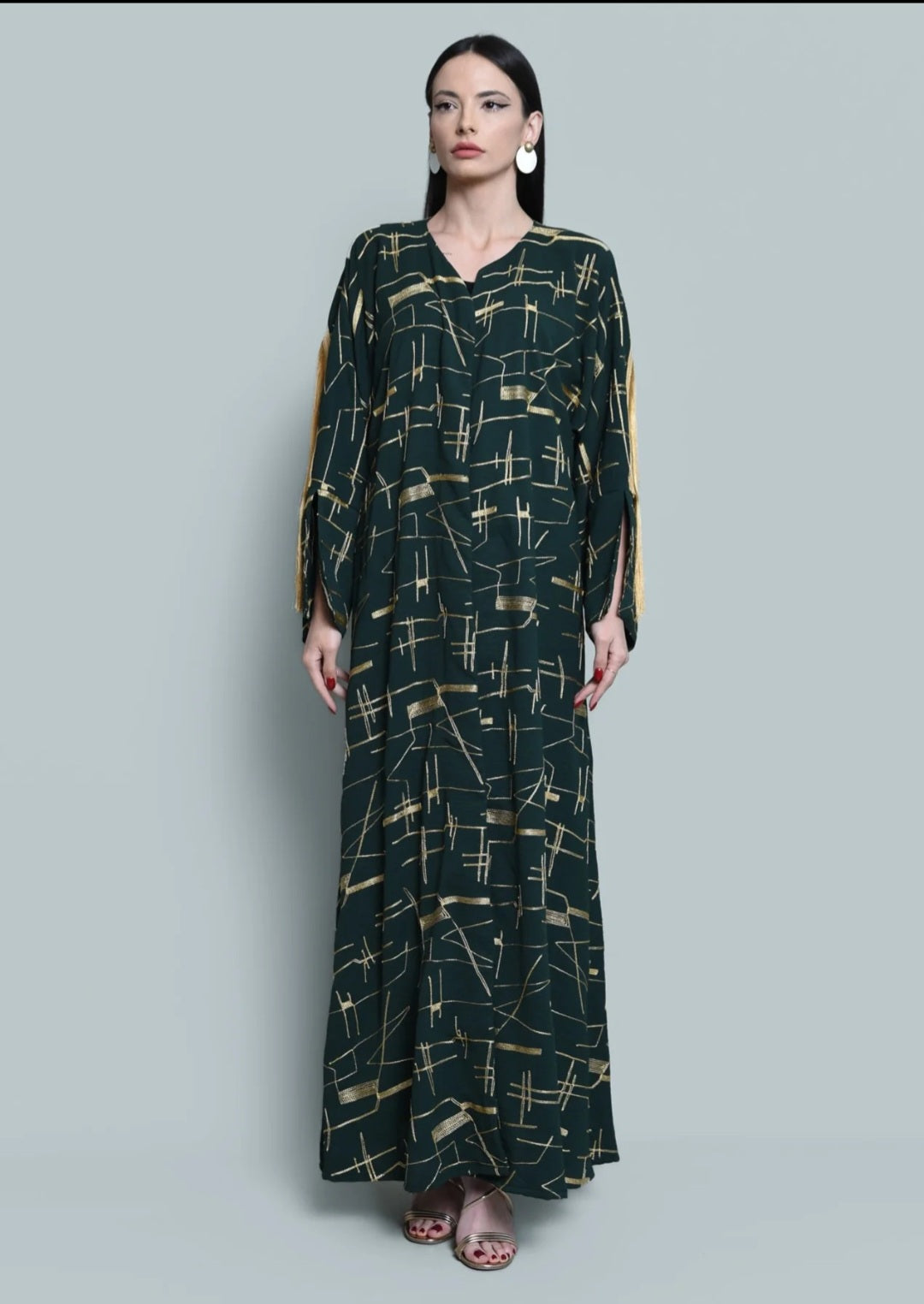Dark Green Crepe Kaftan with Tassels