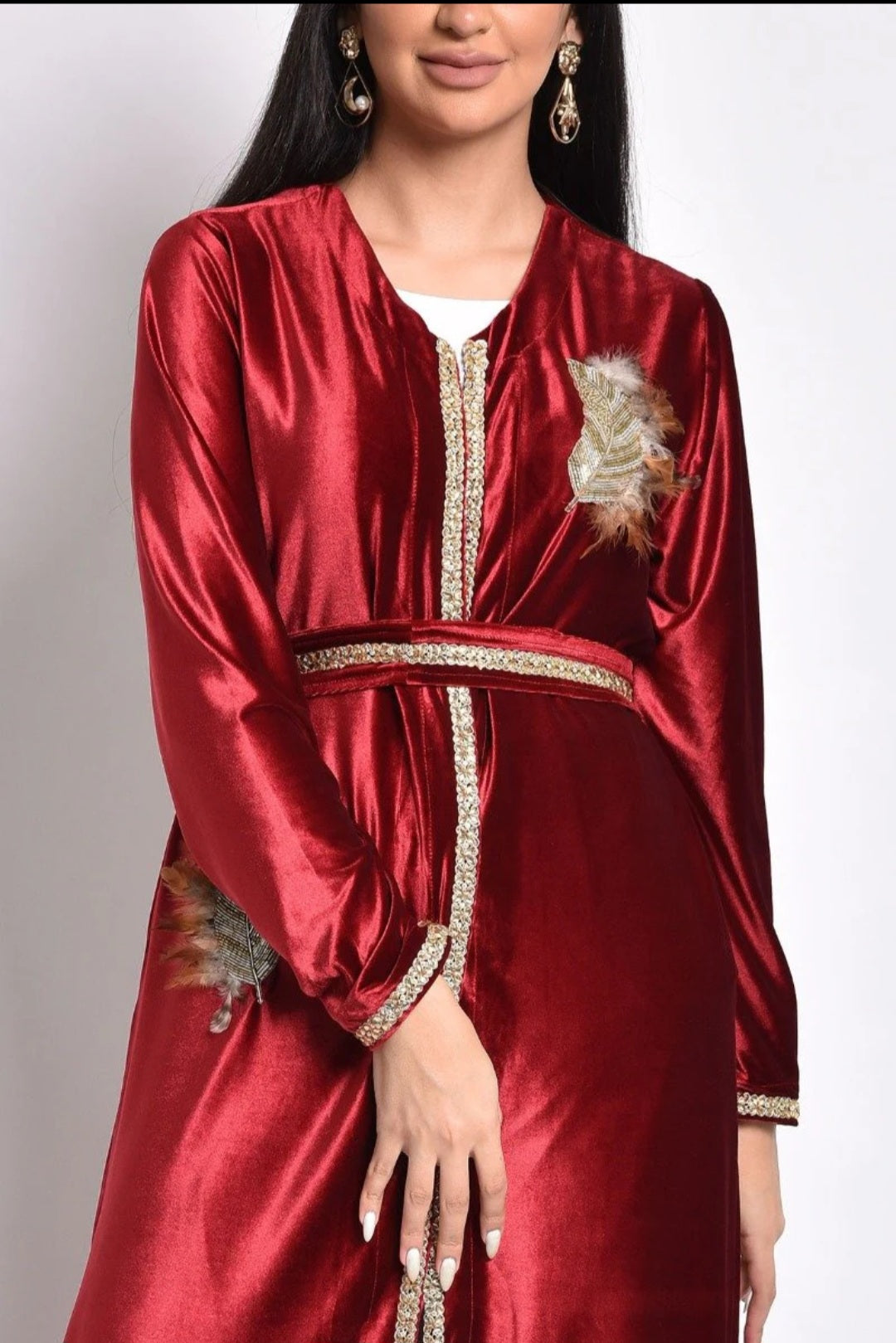 Maroon Velvet Kaftan with Handmade Beads