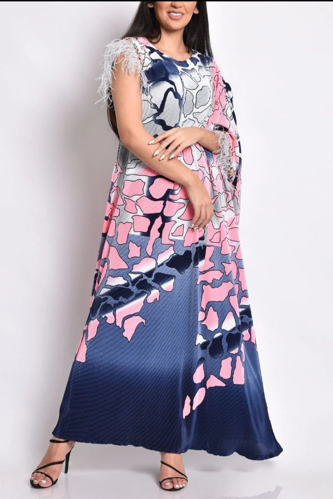 Dress – multicolor pleated with stones and feathers multicolors design