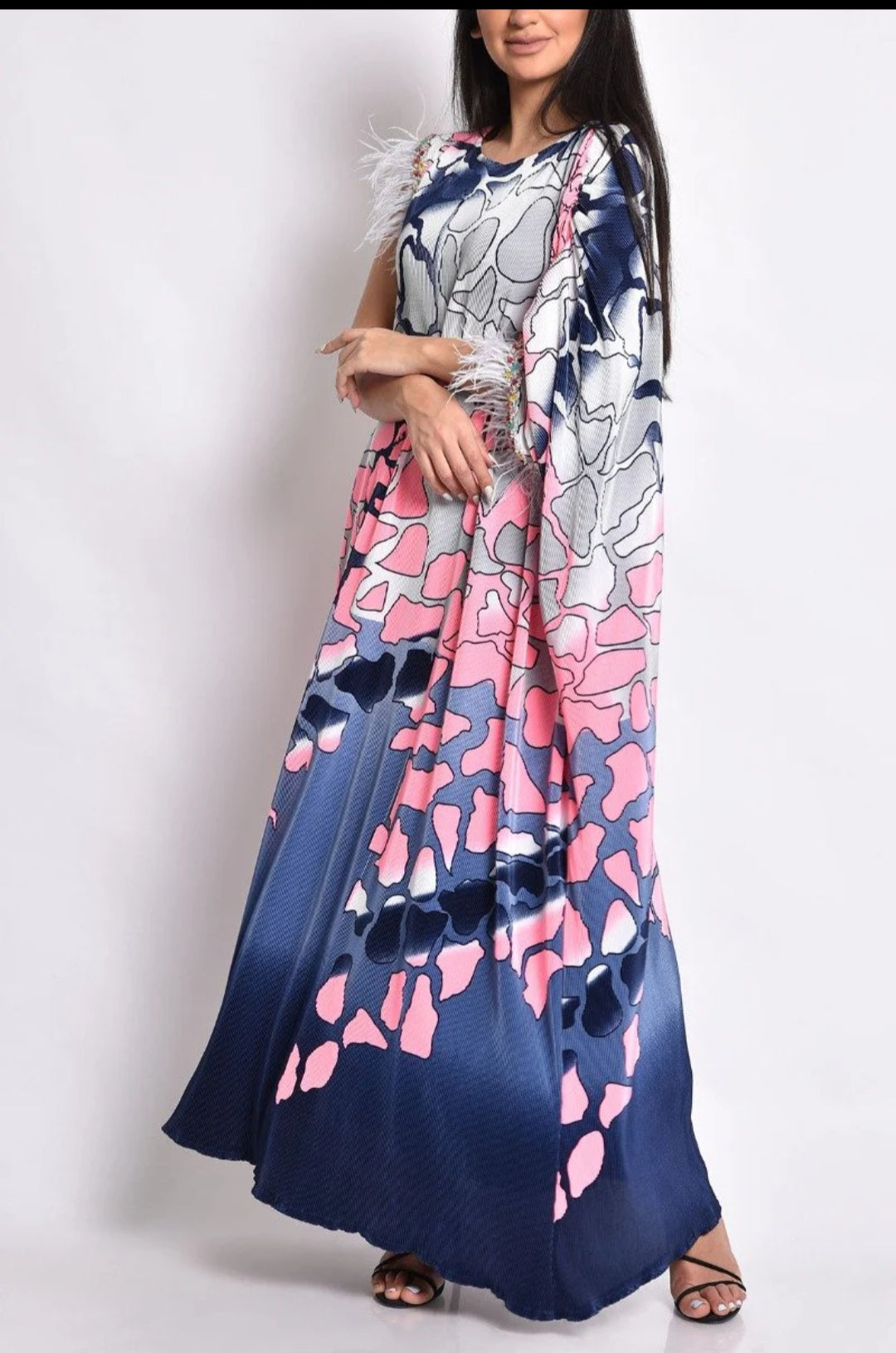 Dress – multicolor pleated with stones and feathers multicolors design