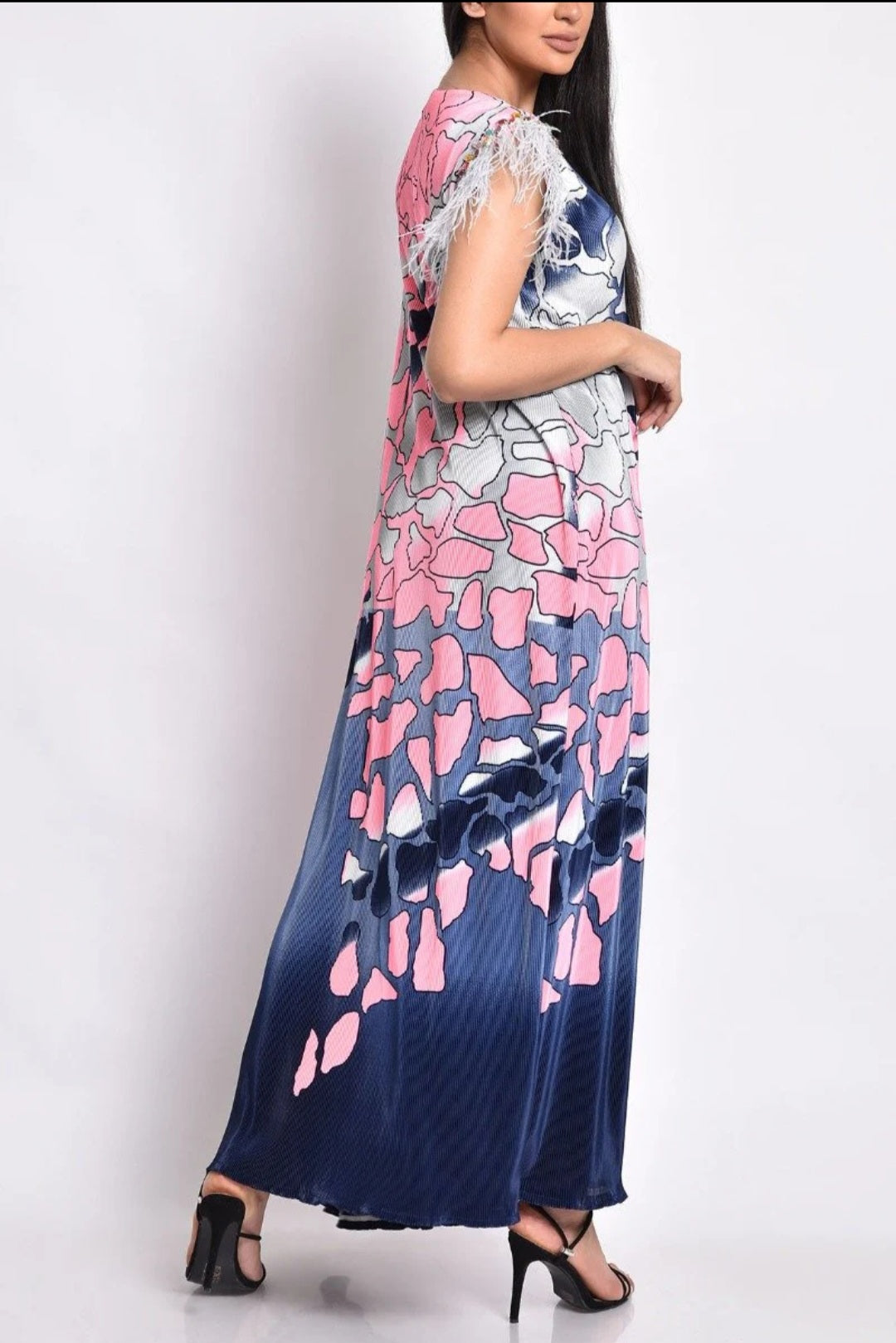 Dress – multicolor pleated with stones and feathers multicolors design
