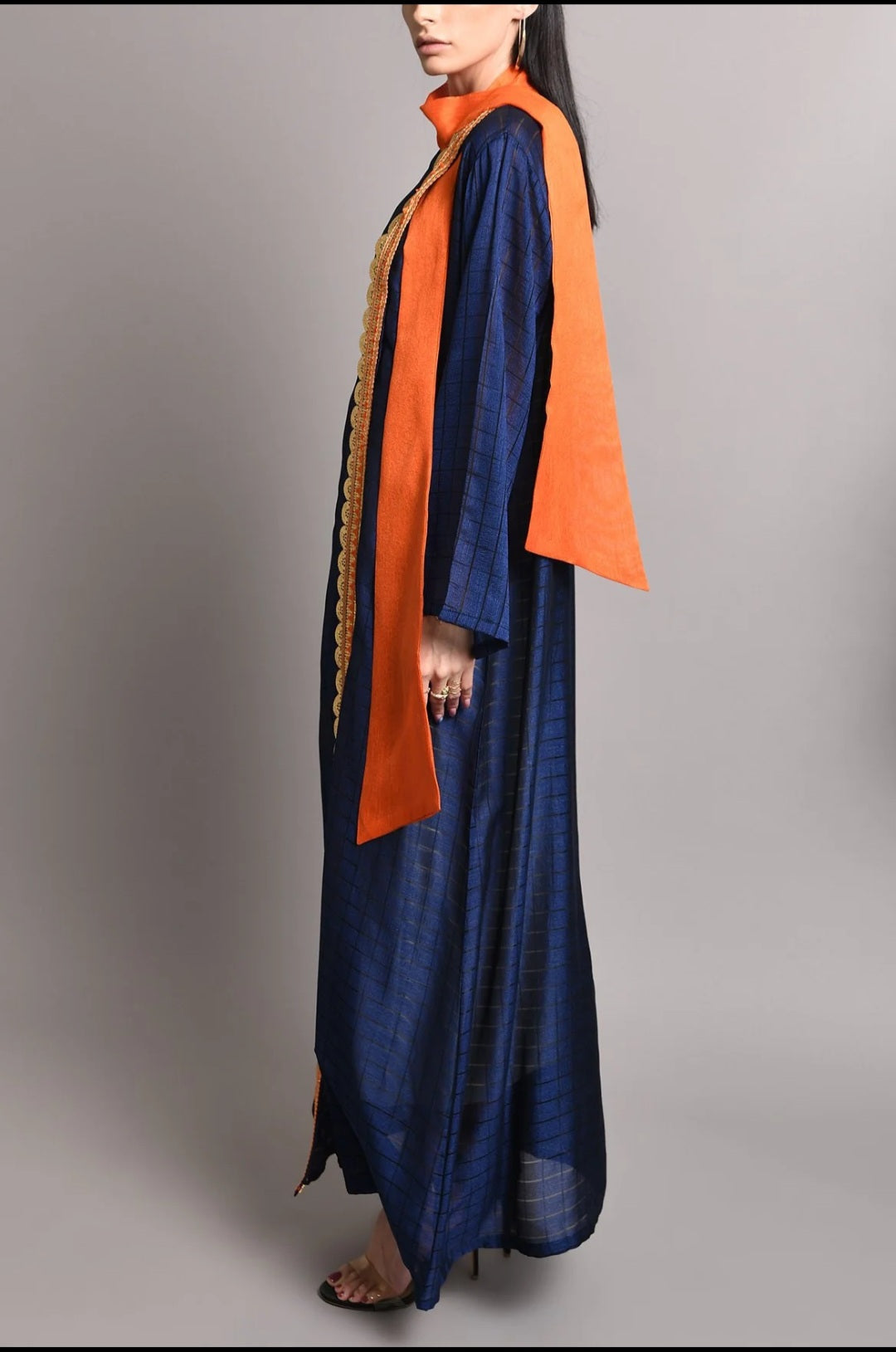 Silk dark blue kaftan  with orange bow design