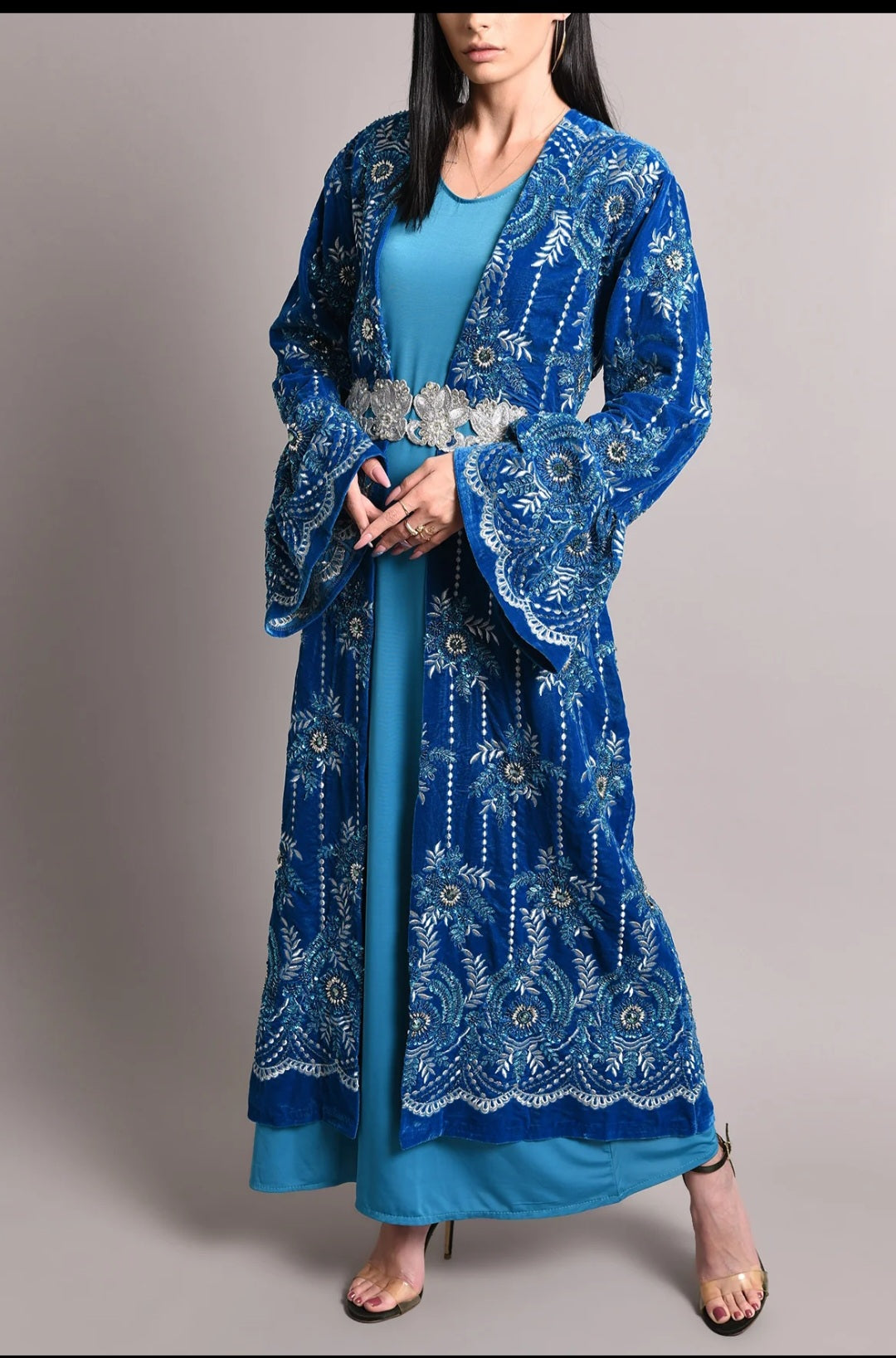 Turquoise velvet embroidered kaftan