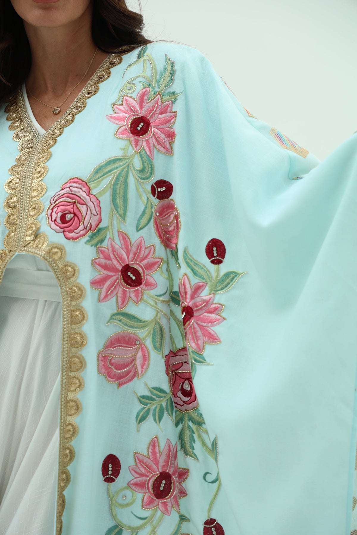 Cotton sky blue abaya – linen embroidered