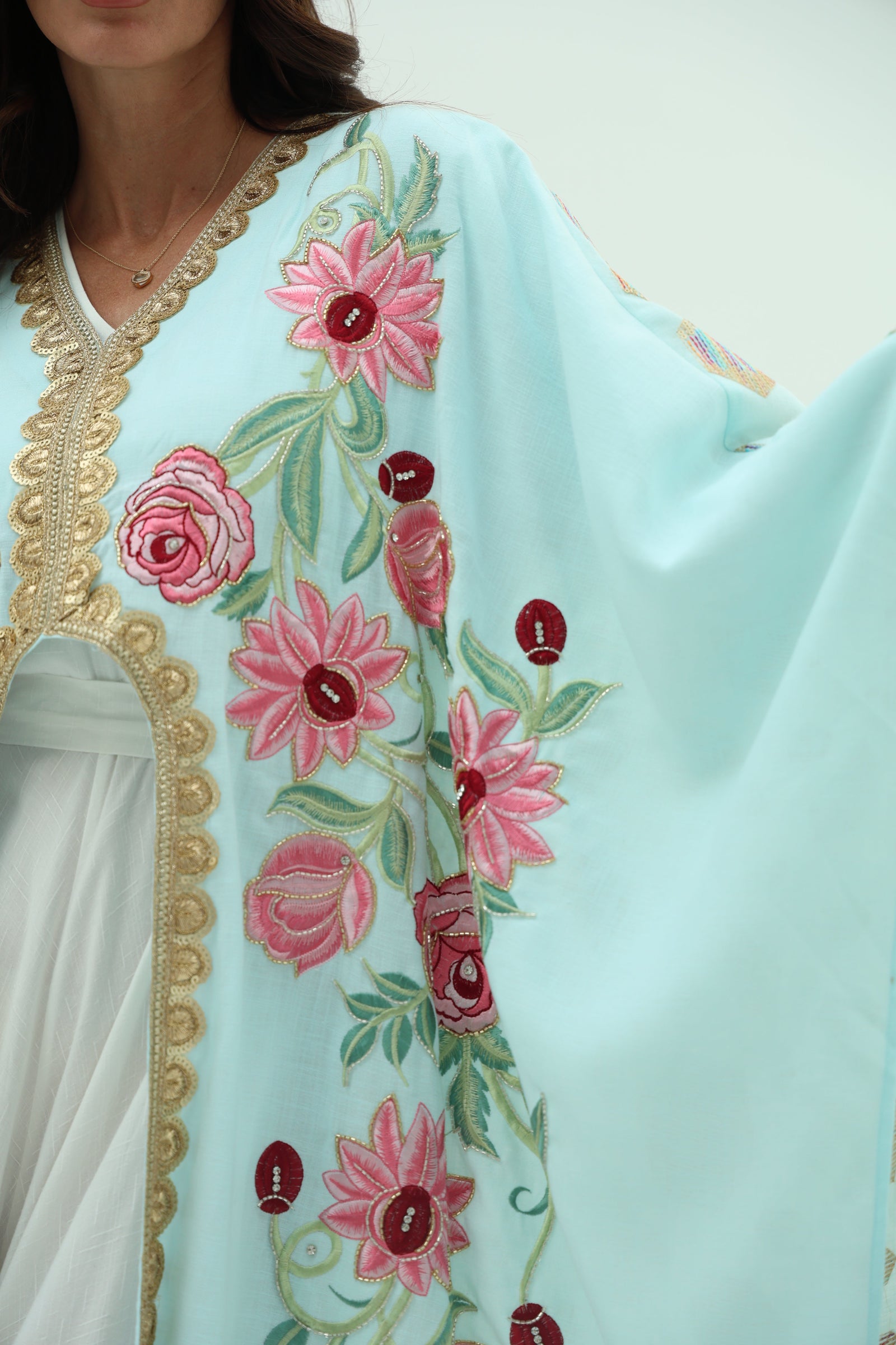 Cotton sky blue abaya – linen embroidered