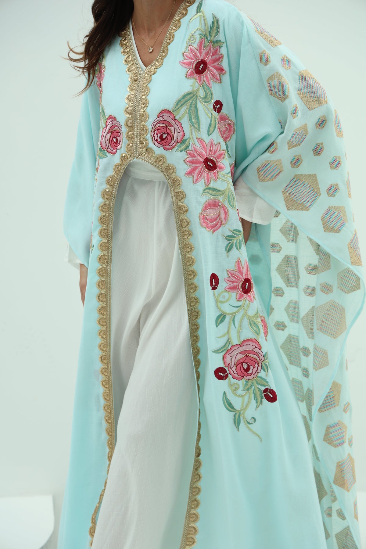 Cotton sky blue abaya – linen embroidered