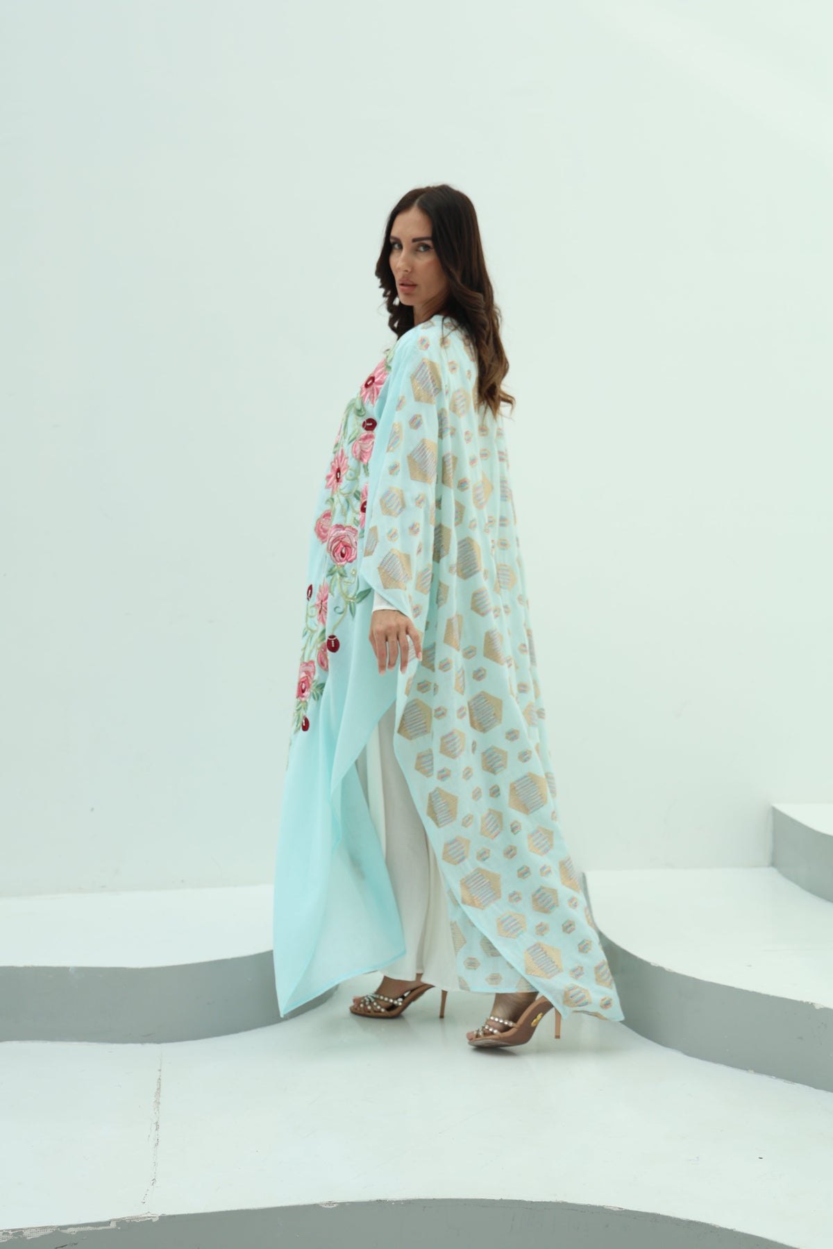Cotton sky blue abaya – linen embroidered