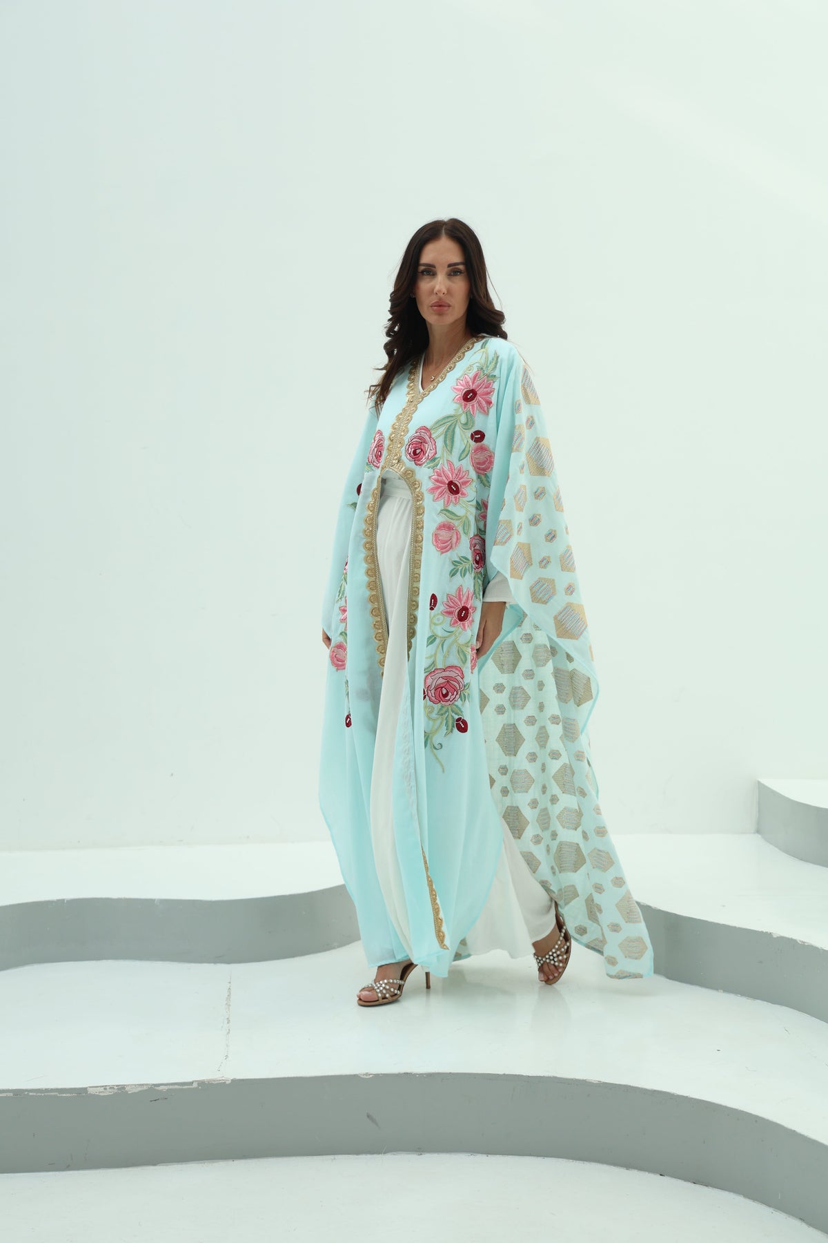 Cotton sky blue abaya – linen embroidered