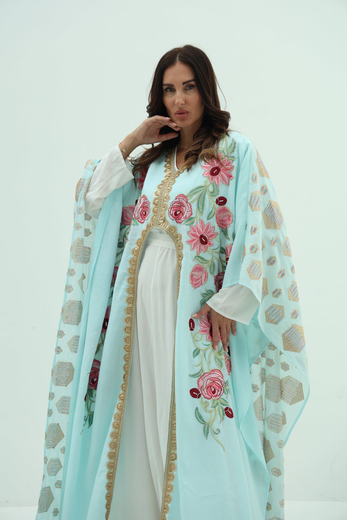 Cotton sky blue abaya – linen embroidered