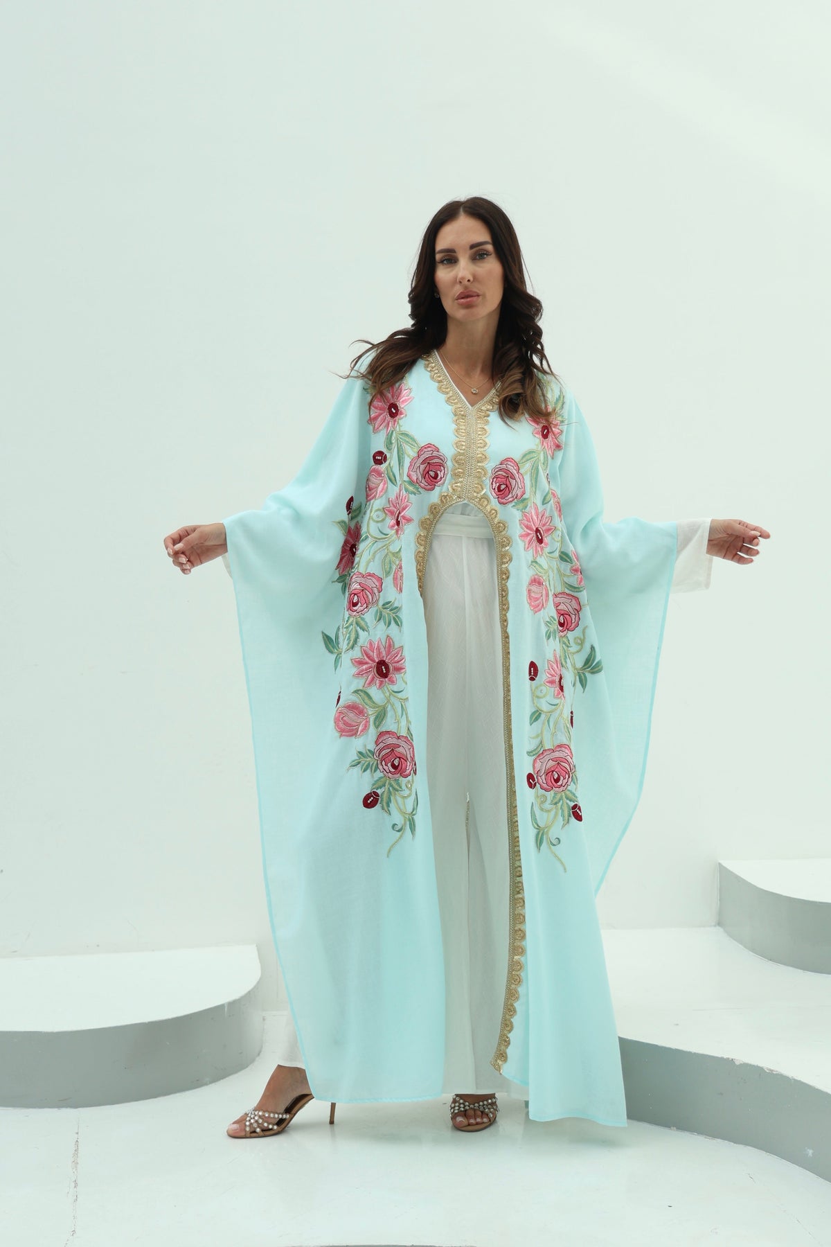 Cotton sky blue abaya – linen embroidered