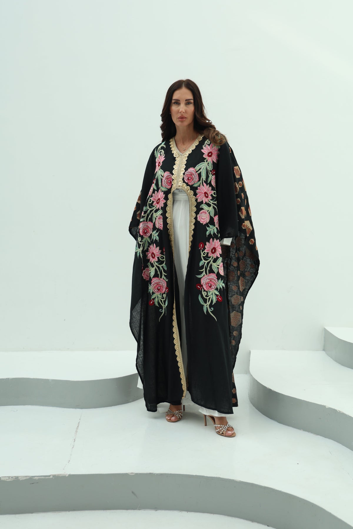 Cotton linen black abaya – embroidered