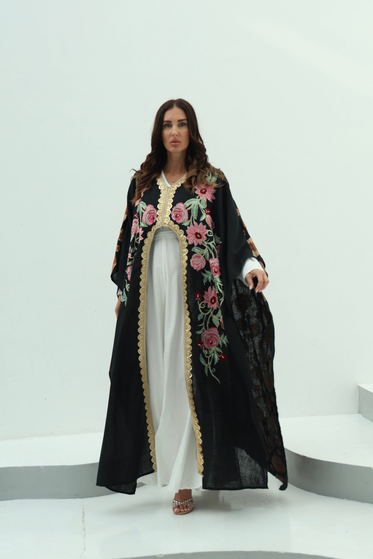 Cotton linen black abaya – embroidered