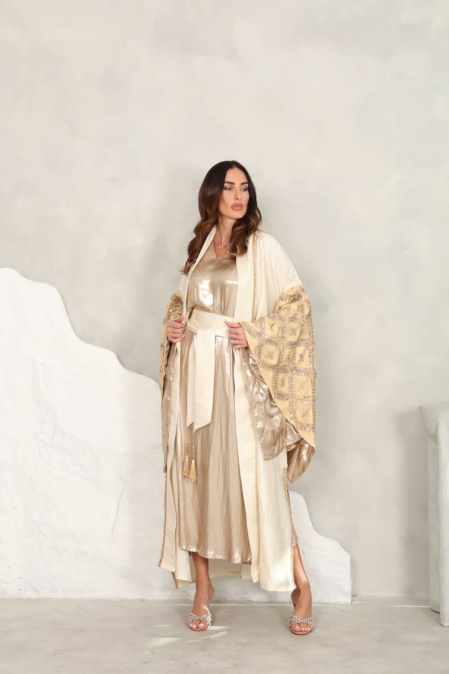 Off White Embroidered Taftta Kaftan
