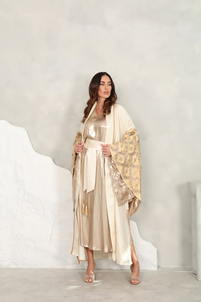 Off White Embroidered Taftta Kaftan