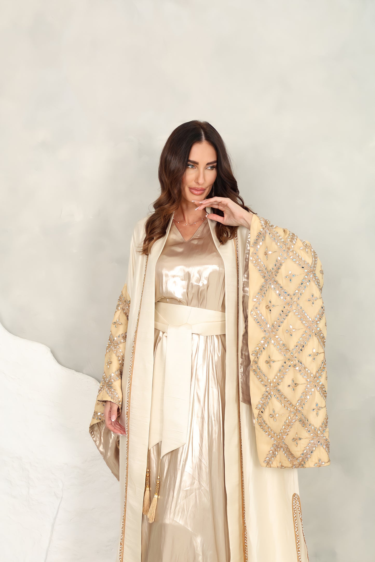 Off White Embroidered Taftta Kaftan