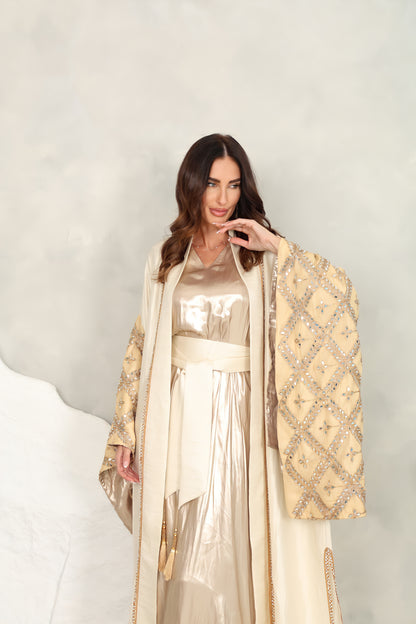 Off White Embroidered Taftta Kaftan