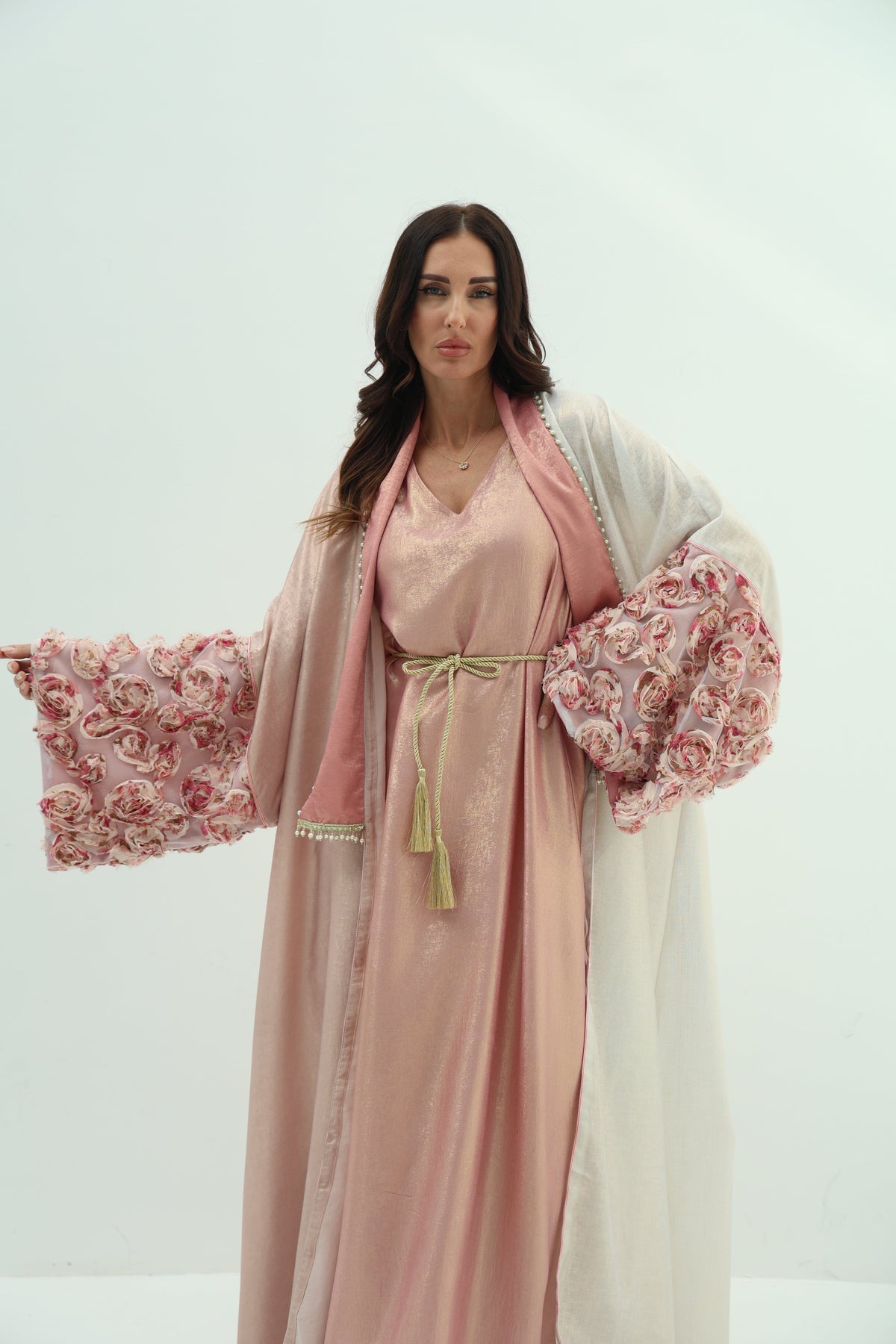 Crepe abaya pink set – shiny